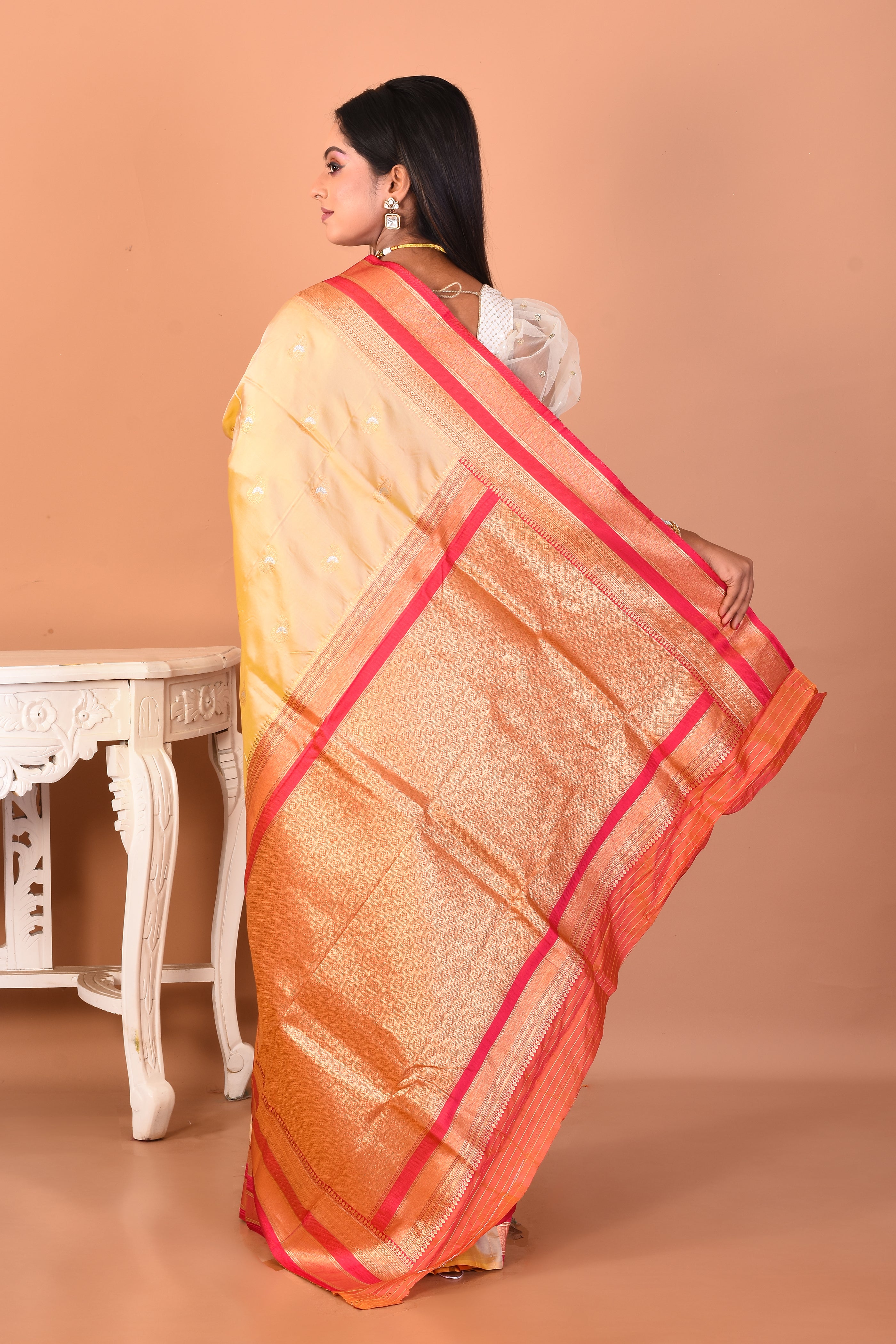 Cream Blended Katan Silk Saree - Keya Seth Exclusive