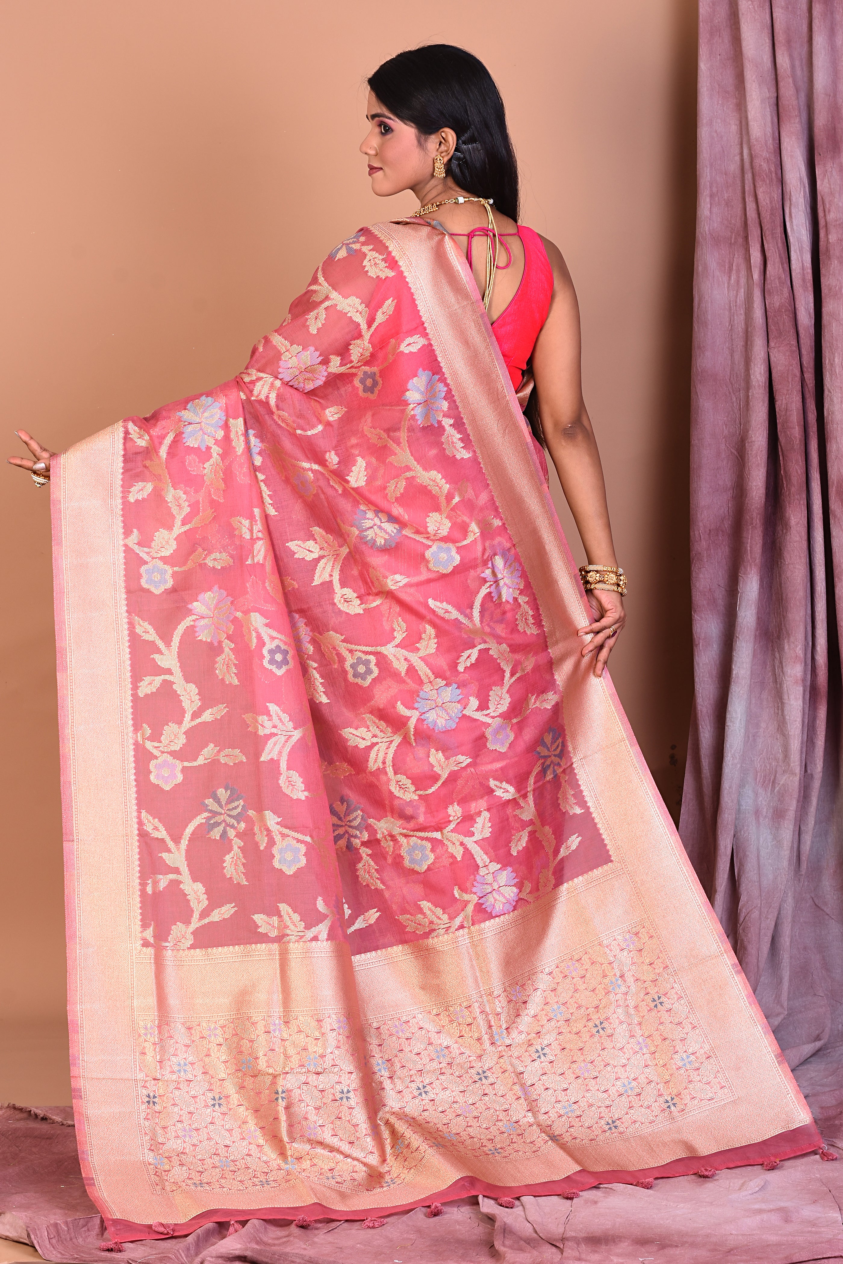 Soft Pink Blended Organza Saree with Golden Borders - Keya Seth Exclusive