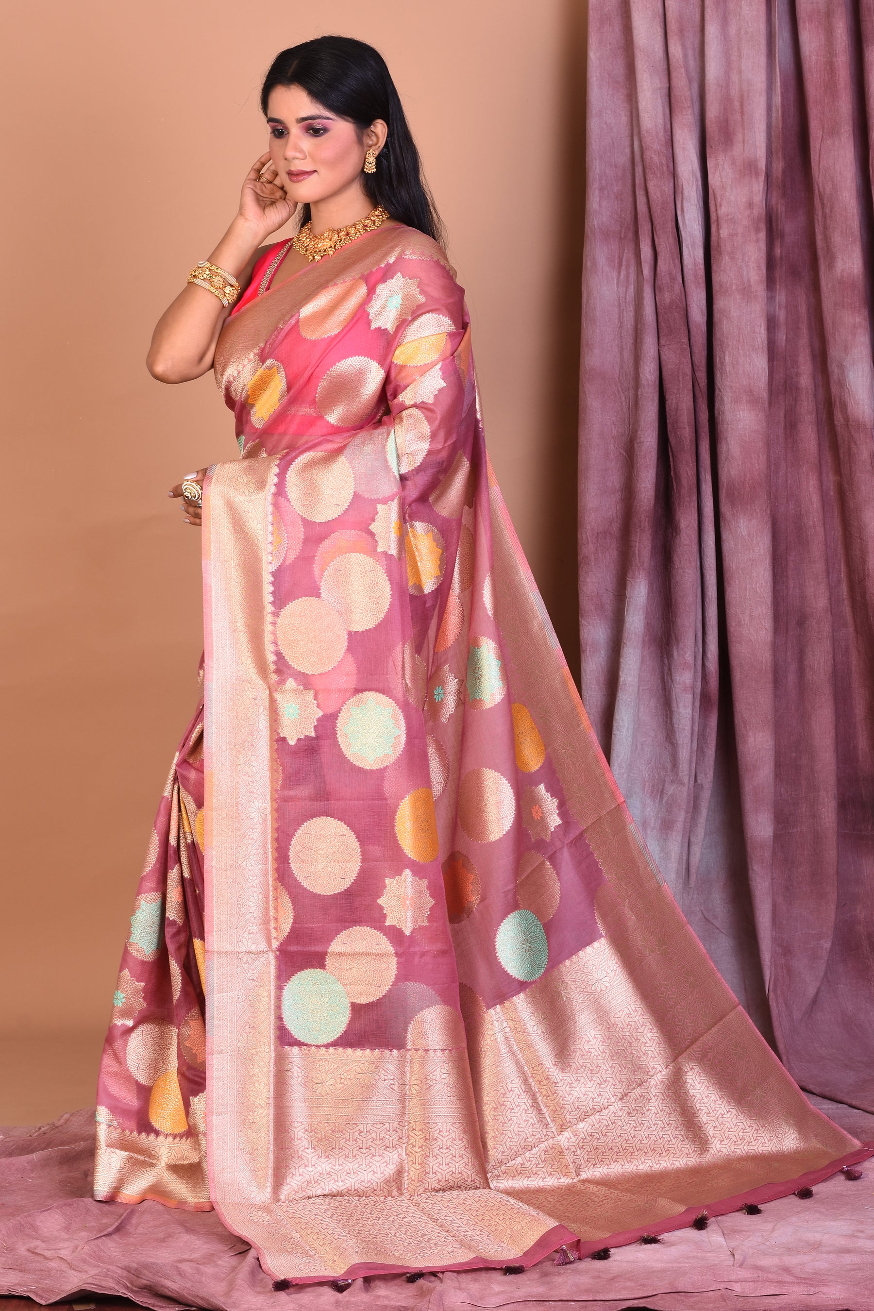 Lavender Blended Organza Saree with Golden Borders - Keya Seth Exclusive