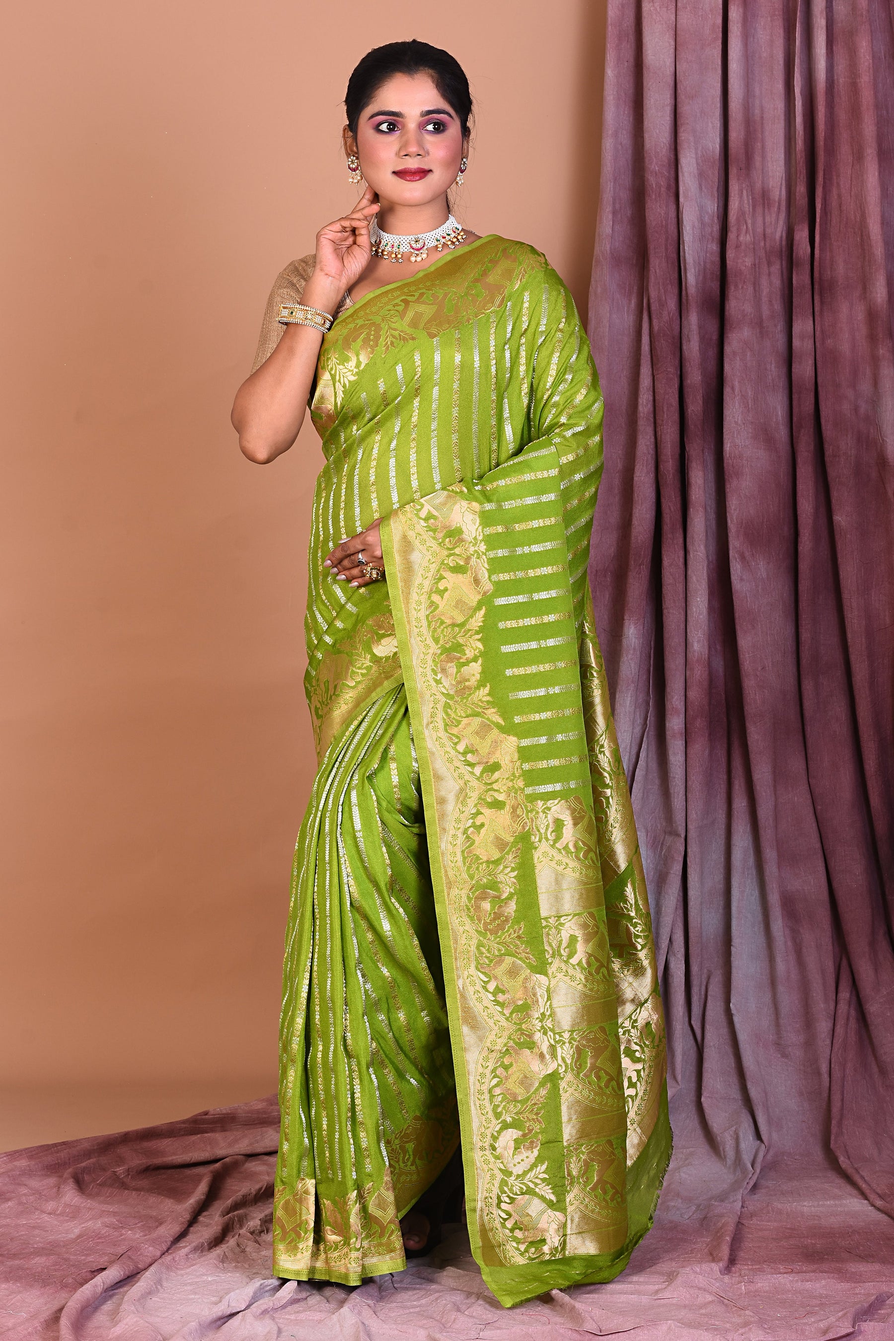 Leaf Green Art Silk Saree with Golden Borders - Keya Seth Exclusive