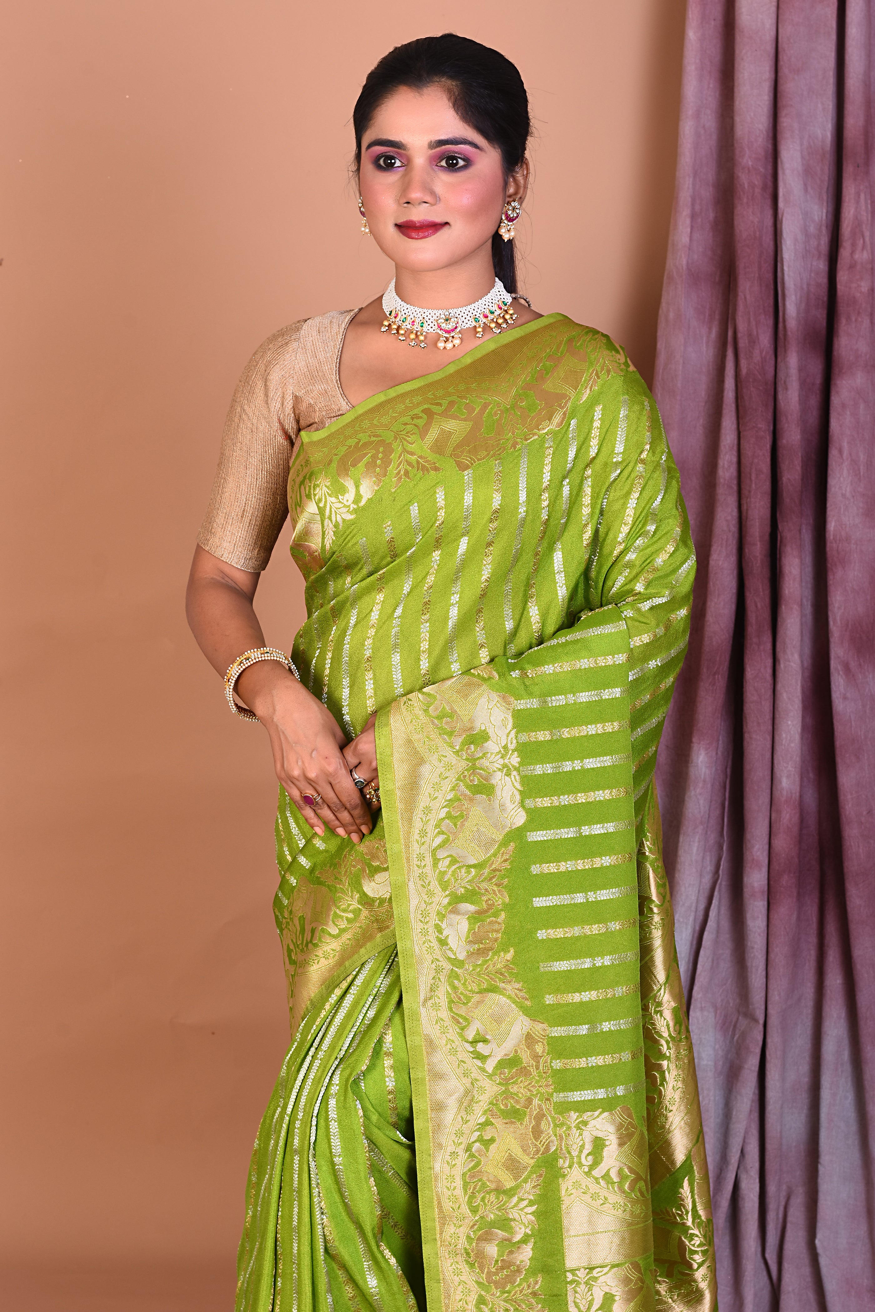 Leaf Green Art Silk Saree with Golden Borders - Keya Seth Exclusive