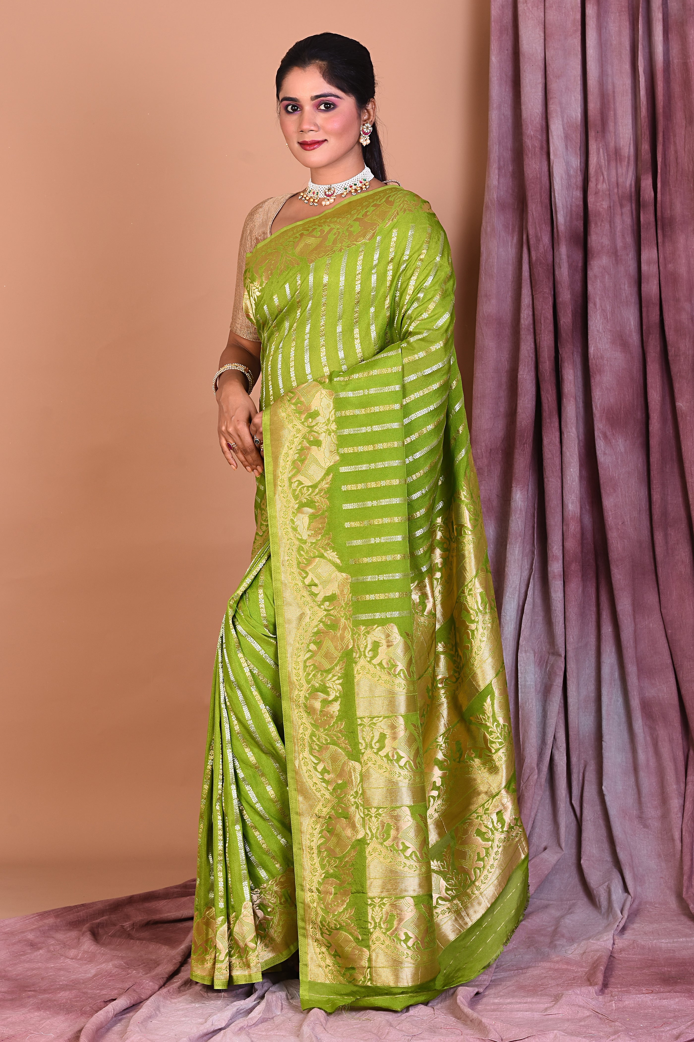 Leaf Green Art Silk Saree with Golden Borders - Keya Seth Exclusive