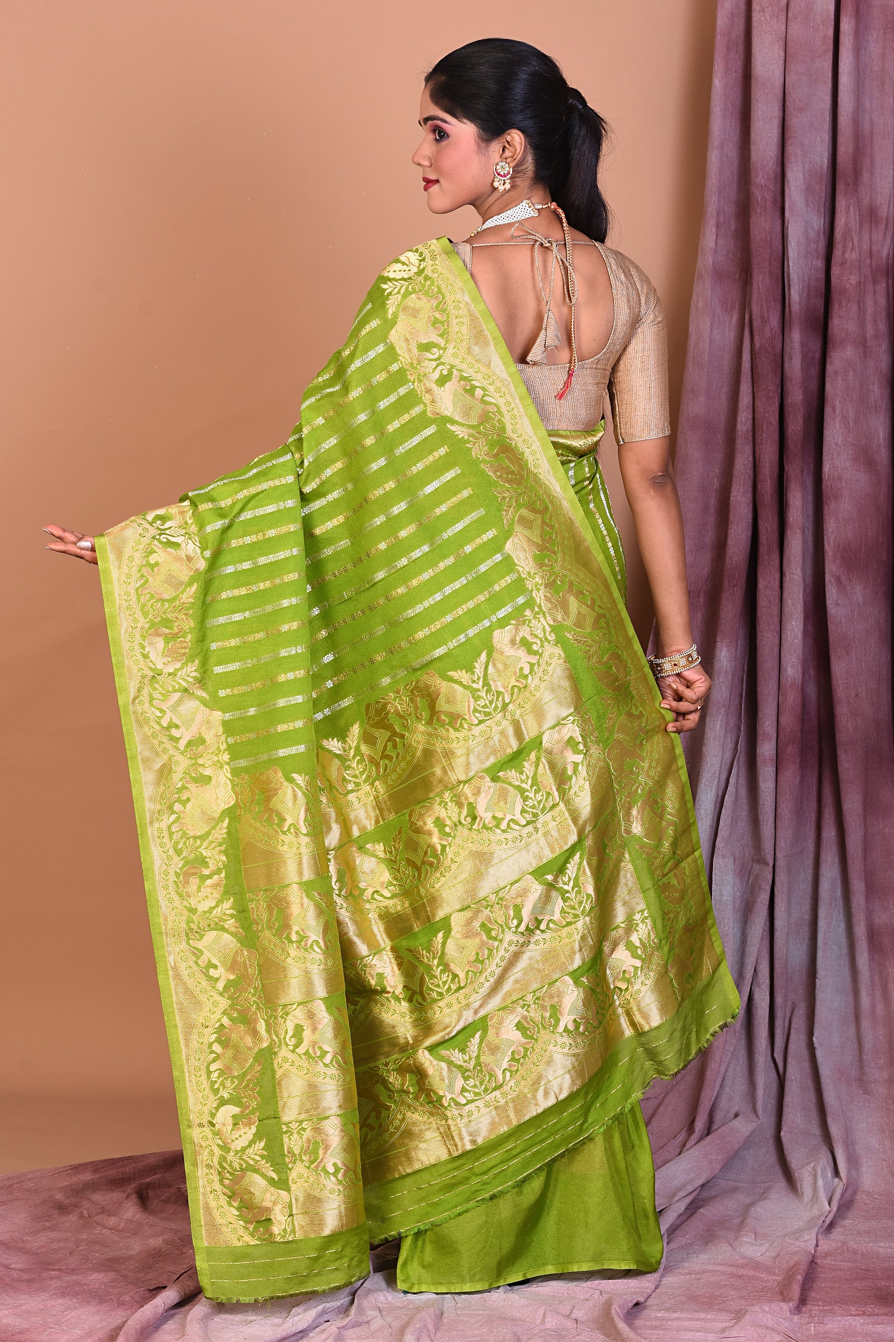 Leaf Green Art Silk Saree with Golden Borders - Keya Seth Exclusive