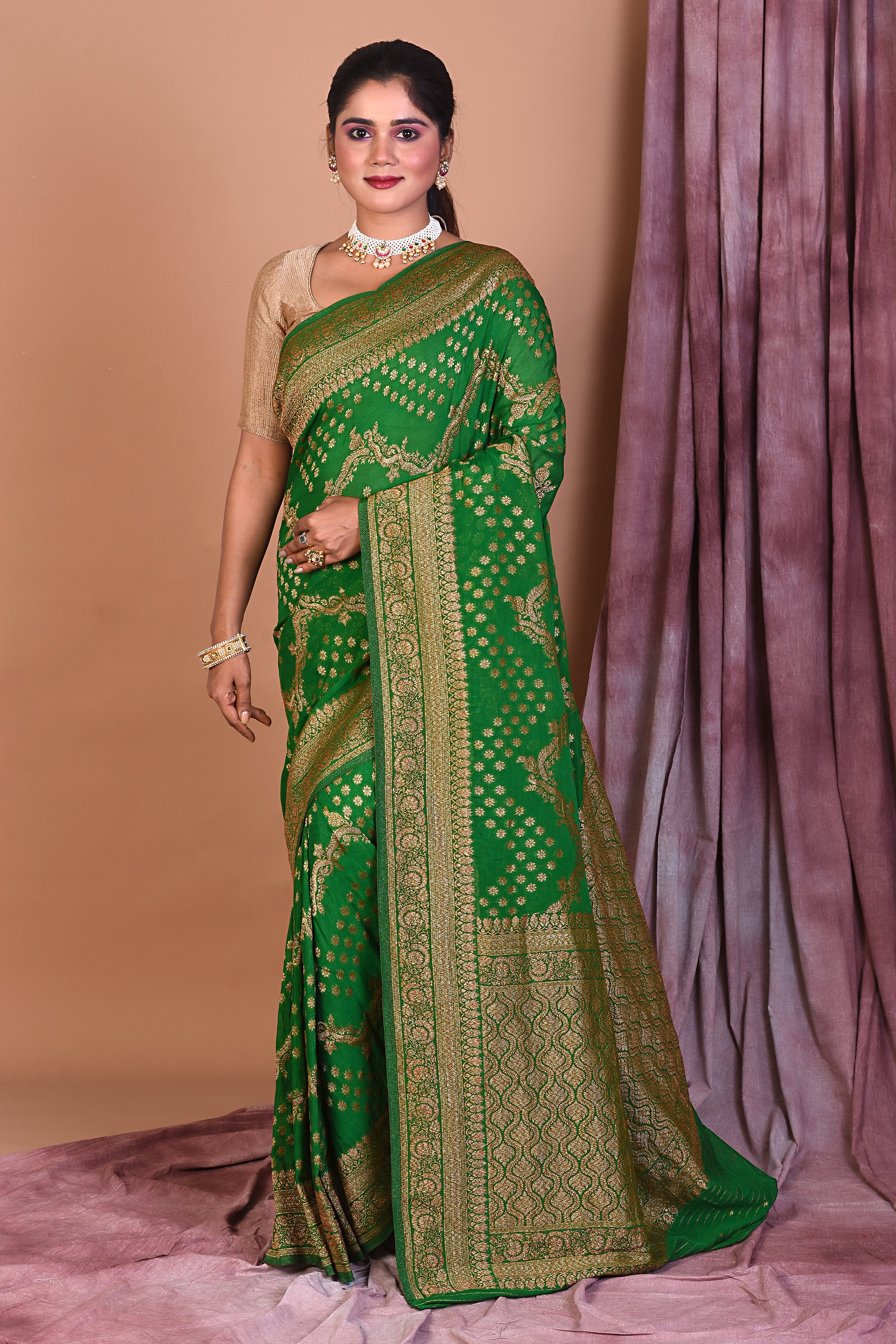 Designer Bottle Green Khaddi Saree with Golden Borders - Keya Seth Exclusive