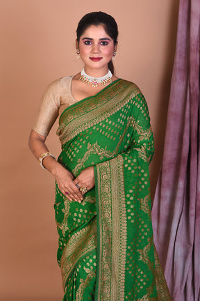 Designer Bottle Green Khaddi Saree with Golden Borders - Keya Seth Exclusive