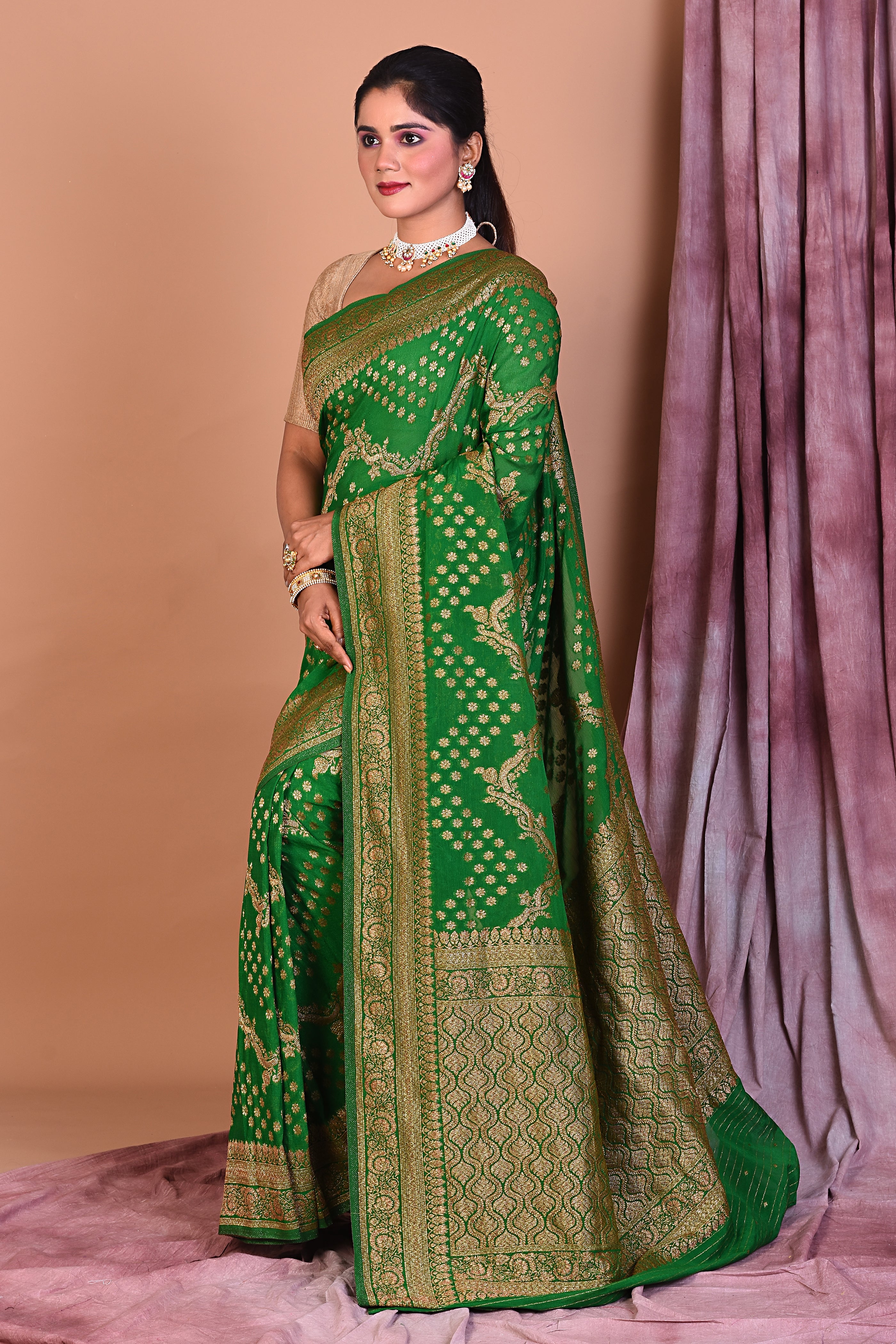 Designer Bottle Green Khaddi Saree with Golden Borders - Keya Seth Exclusive