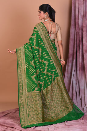 Designer Bottle Green Khaddi Saree with Golden Borders - Keya Seth Exclusive