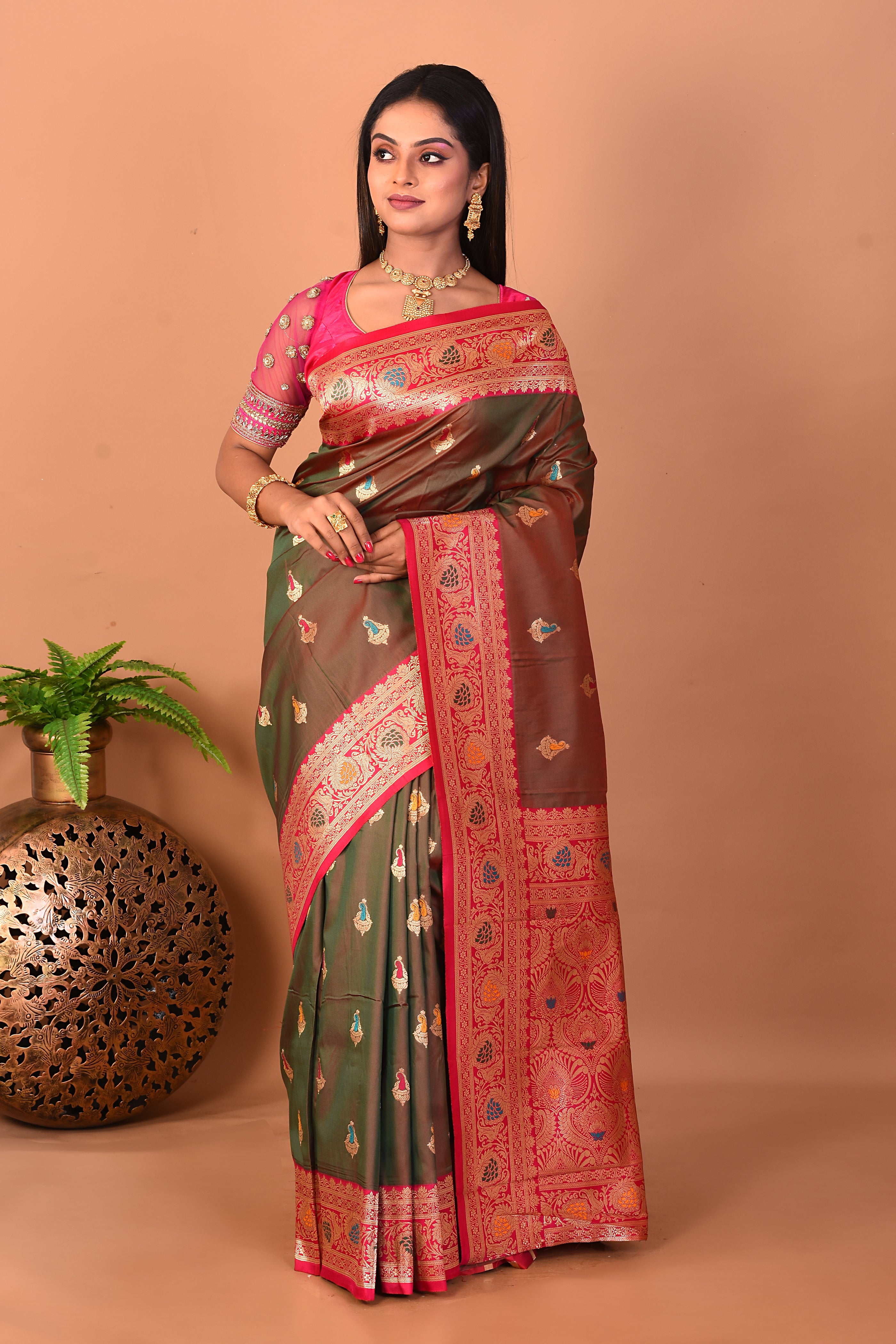 Dual Tone Olive Blended Katan Silk Saree - Keya Seth Exclusive