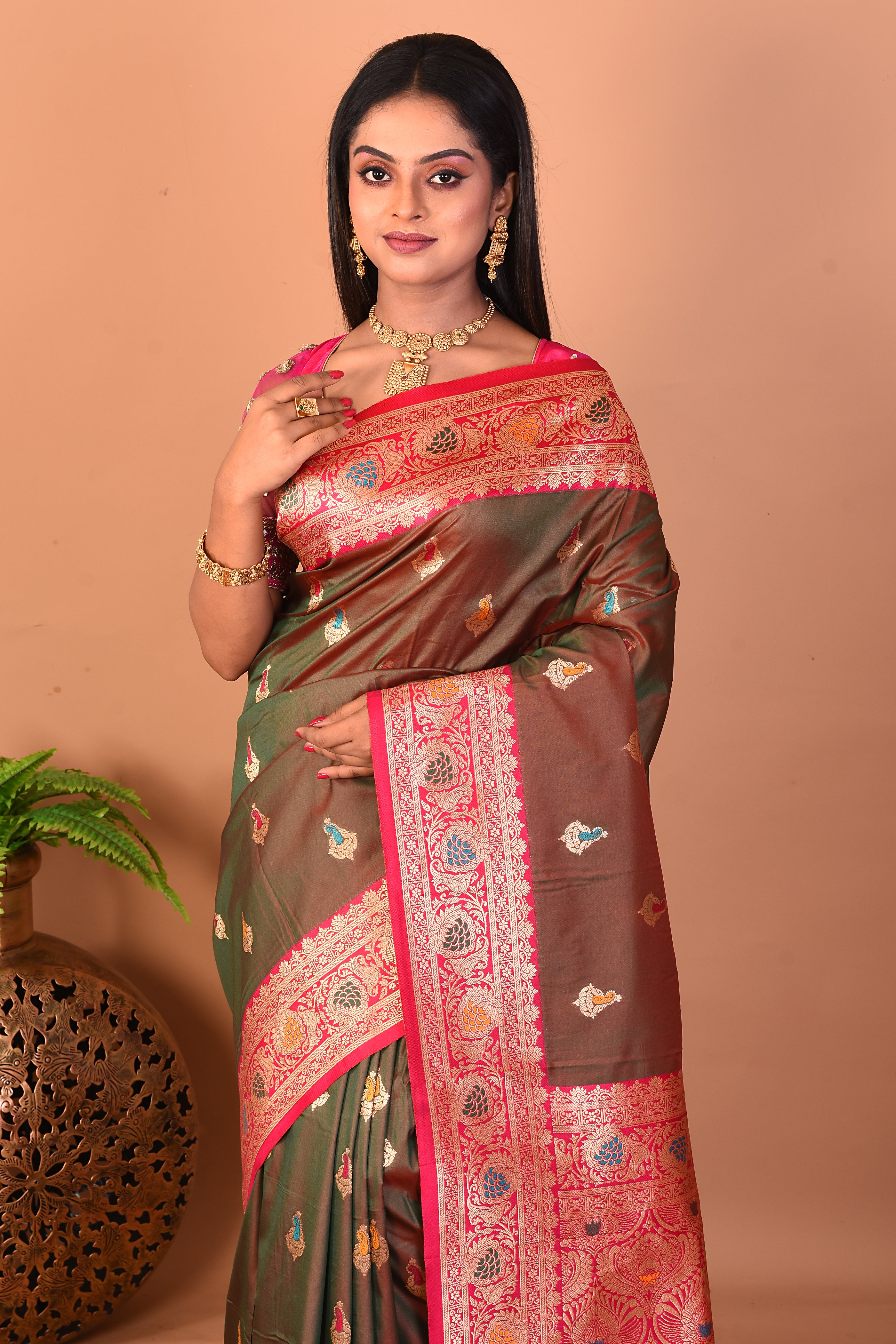 Dual Tone Olive Blended Katan Silk Saree - Keya Seth Exclusive