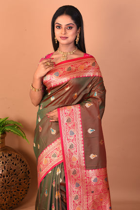Dual Tone Olive Blended Katan Silk Saree - Keya Seth Exclusive