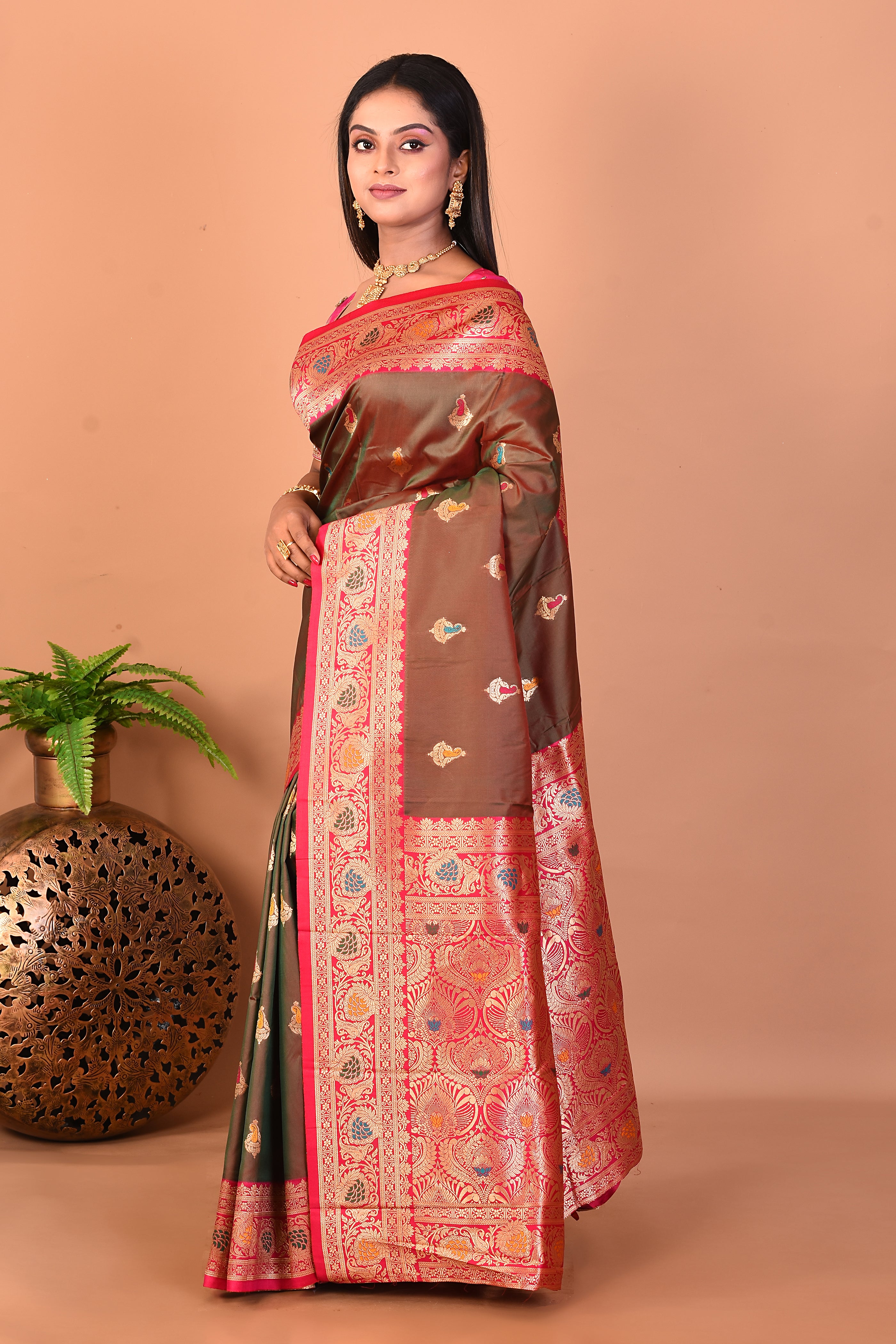 Dual Tone Olive Blended Katan Silk Saree - Keya Seth Exclusive