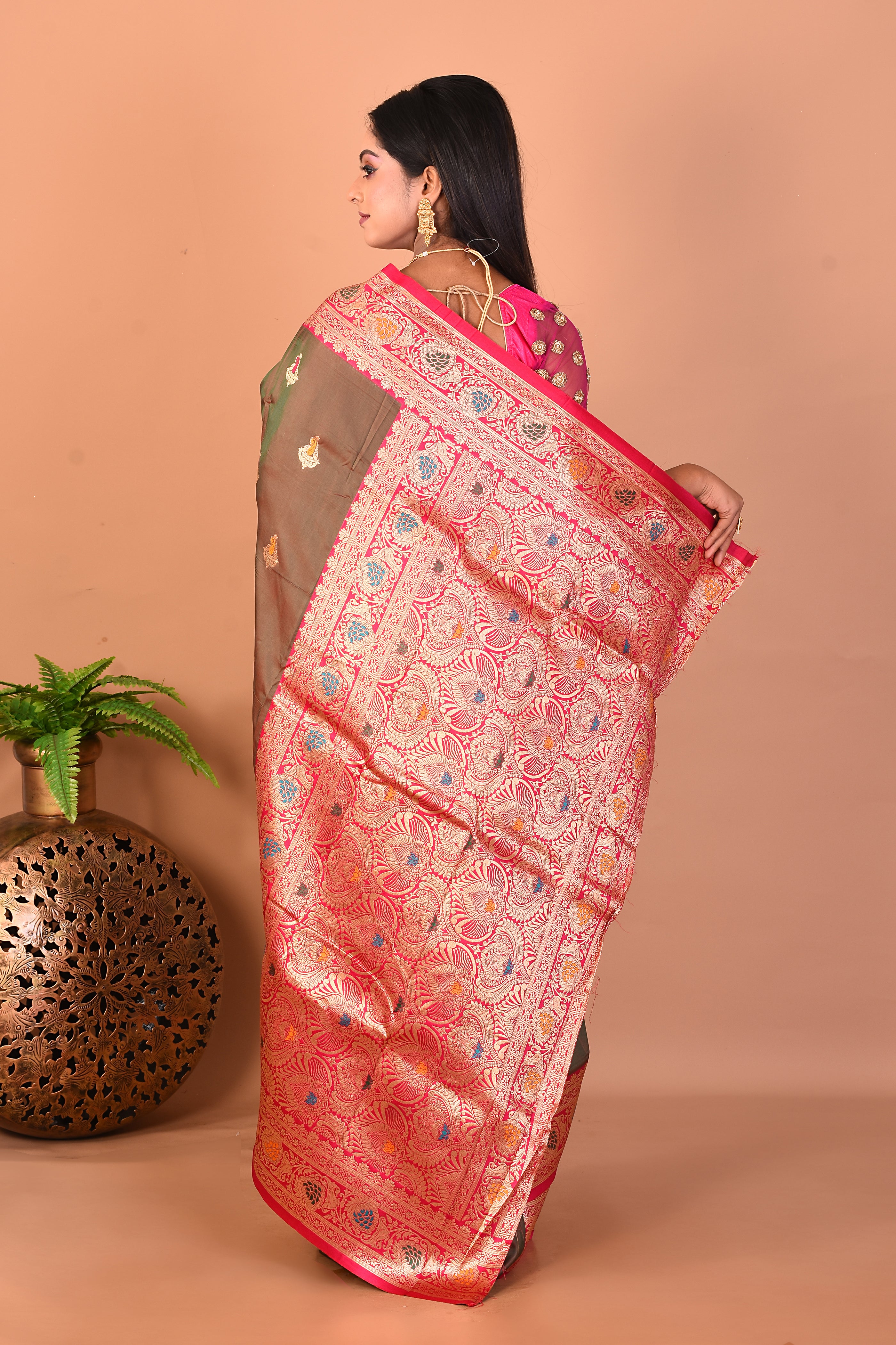 Dual Tone Olive Blended Katan Silk Saree - Keya Seth Exclusive