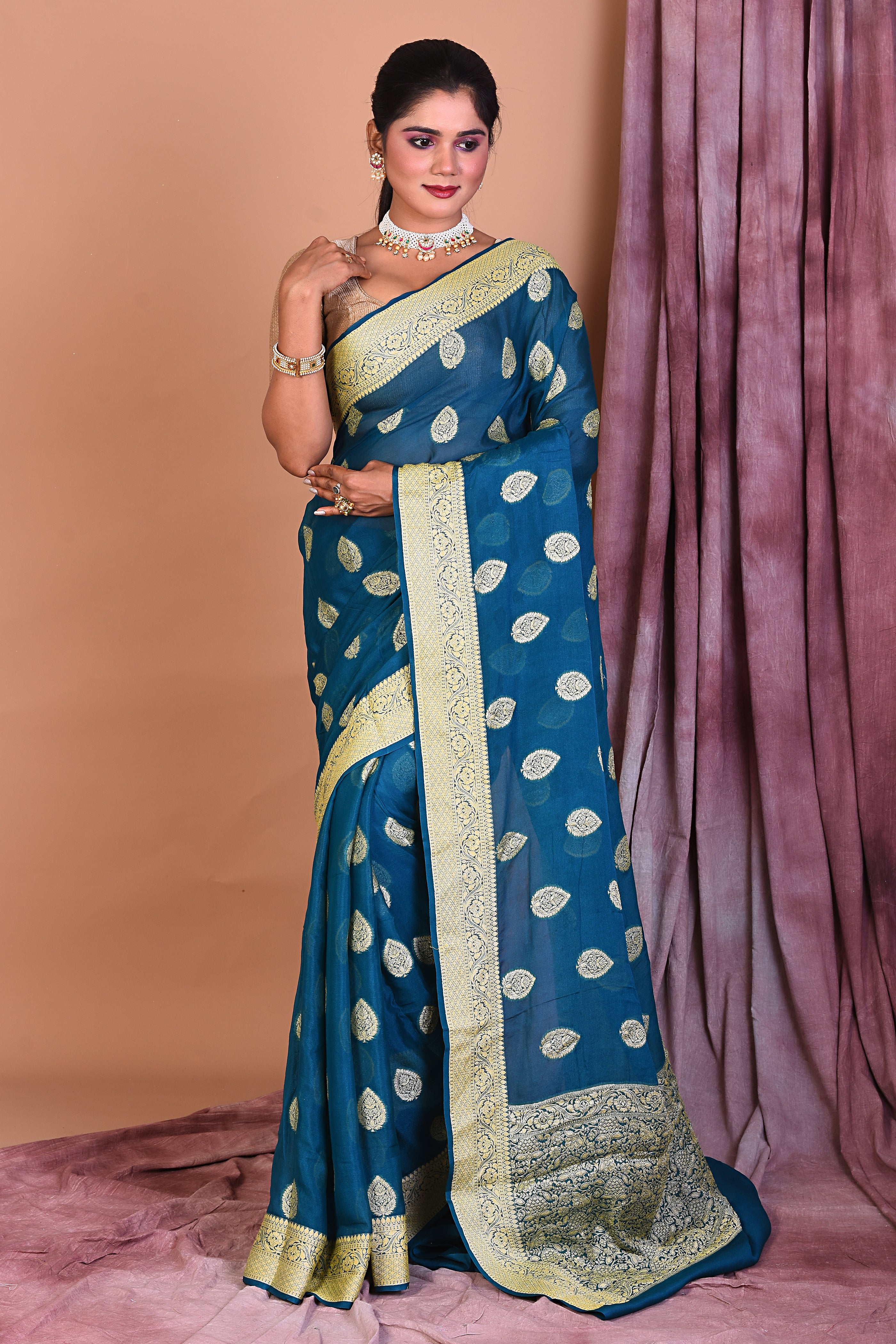 Designer Rama Green Khaddi Georgette Saree with Golden Borders - Keya Seth Exclusive