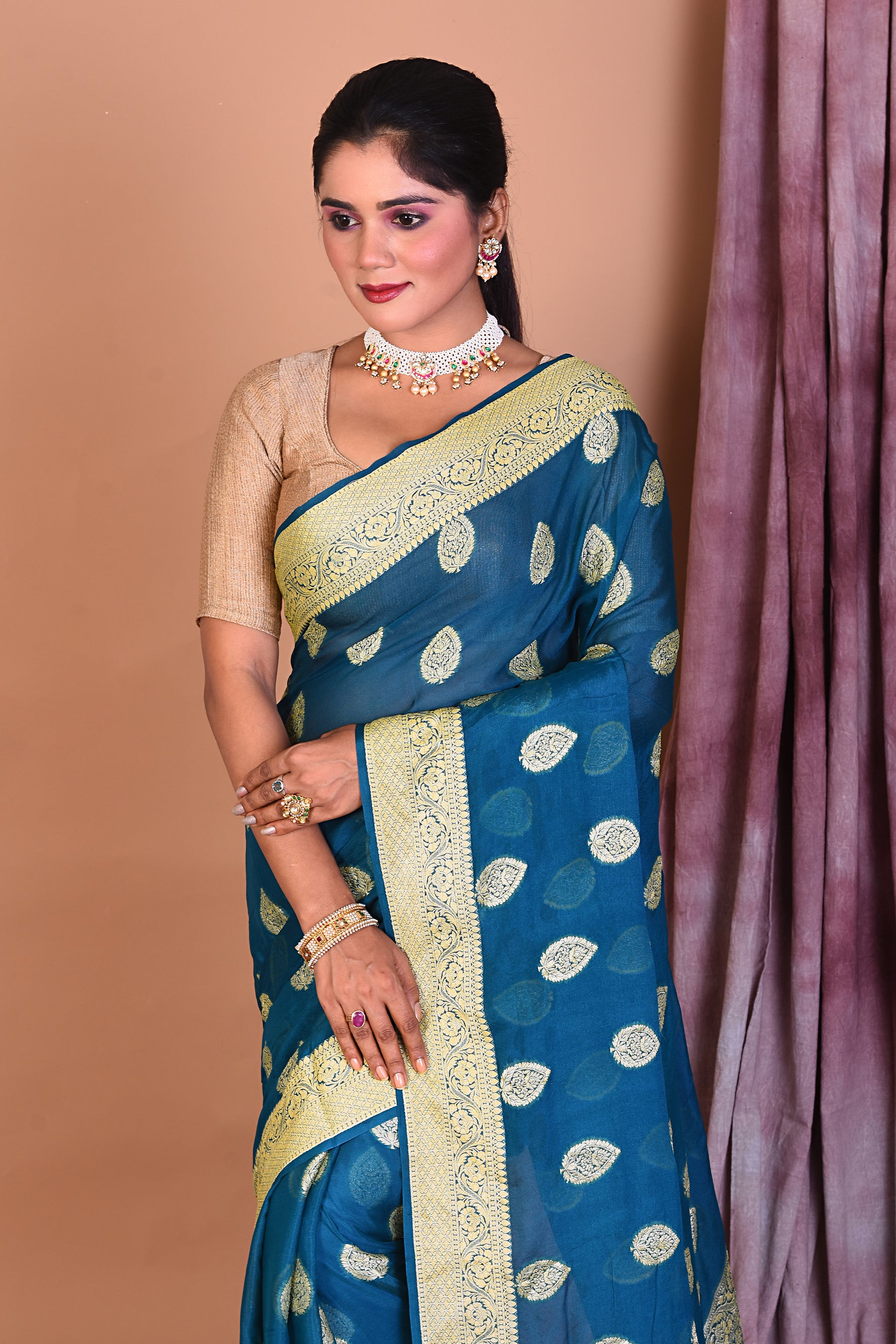 Designer Rama Green Khaddi Georgette Saree with Golden Borders - Keya Seth Exclusive