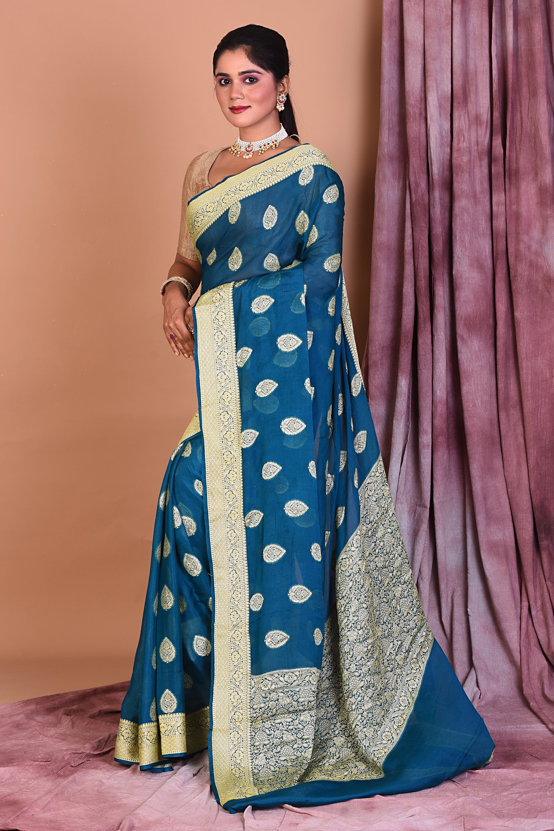 Designer Rama Green Khaddi Georgette Saree with Golden Borders - Keya Seth Exclusive