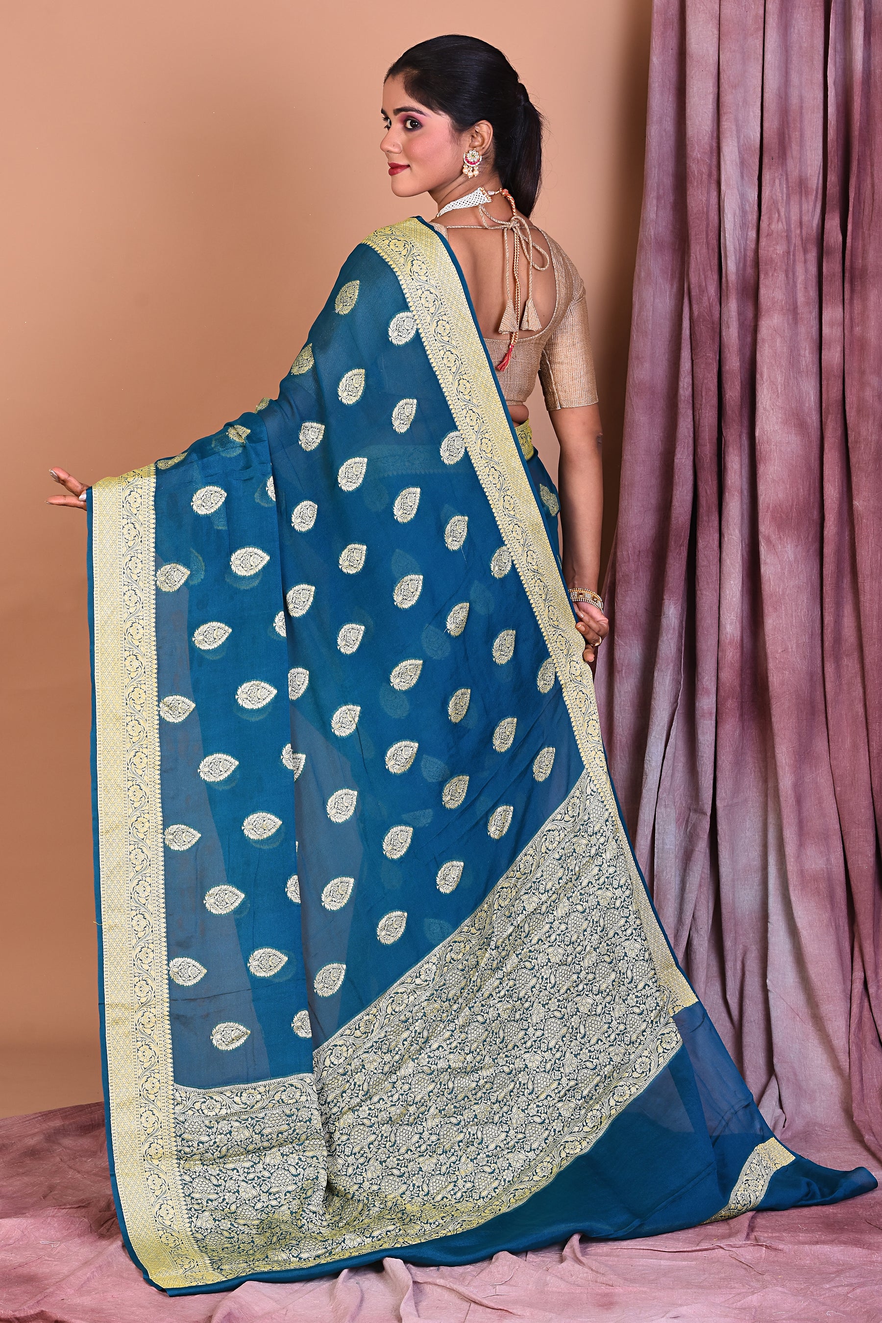 Designer Rama Green Khaddi Georgette Saree with Golden Borders - Keya Seth Exclusive