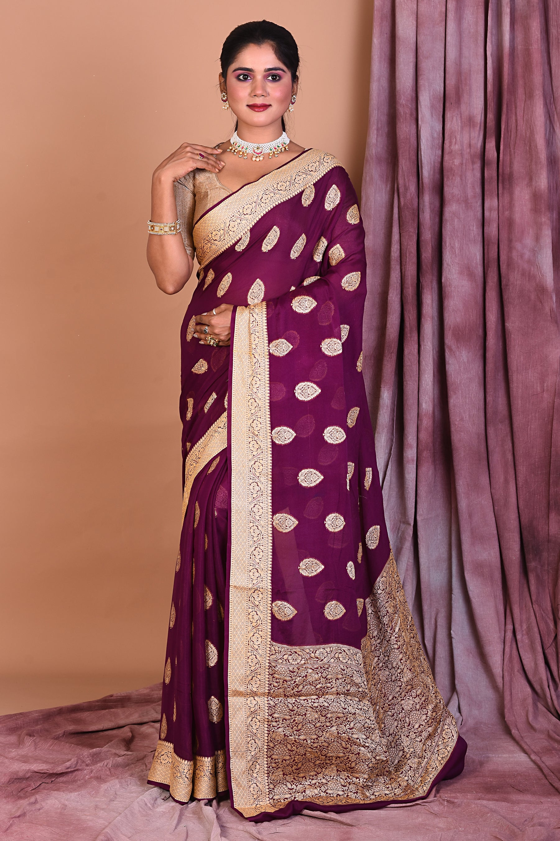 Designer Purple Khaddi Georgette Saree with Golden Borders - Keya Seth Exclusive