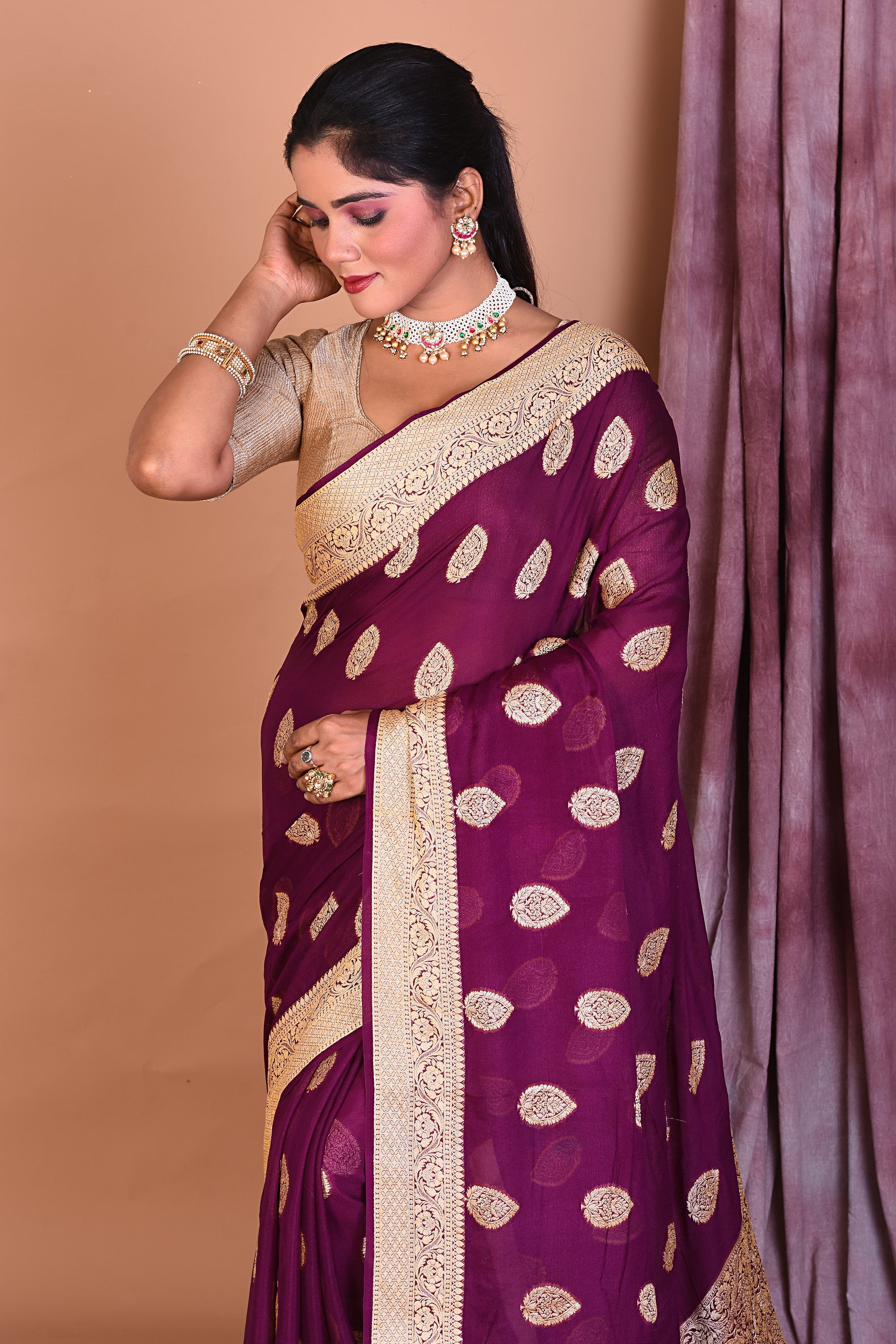 Designer Purple Khaddi Georgette Saree with Golden Borders - Keya Seth Exclusive