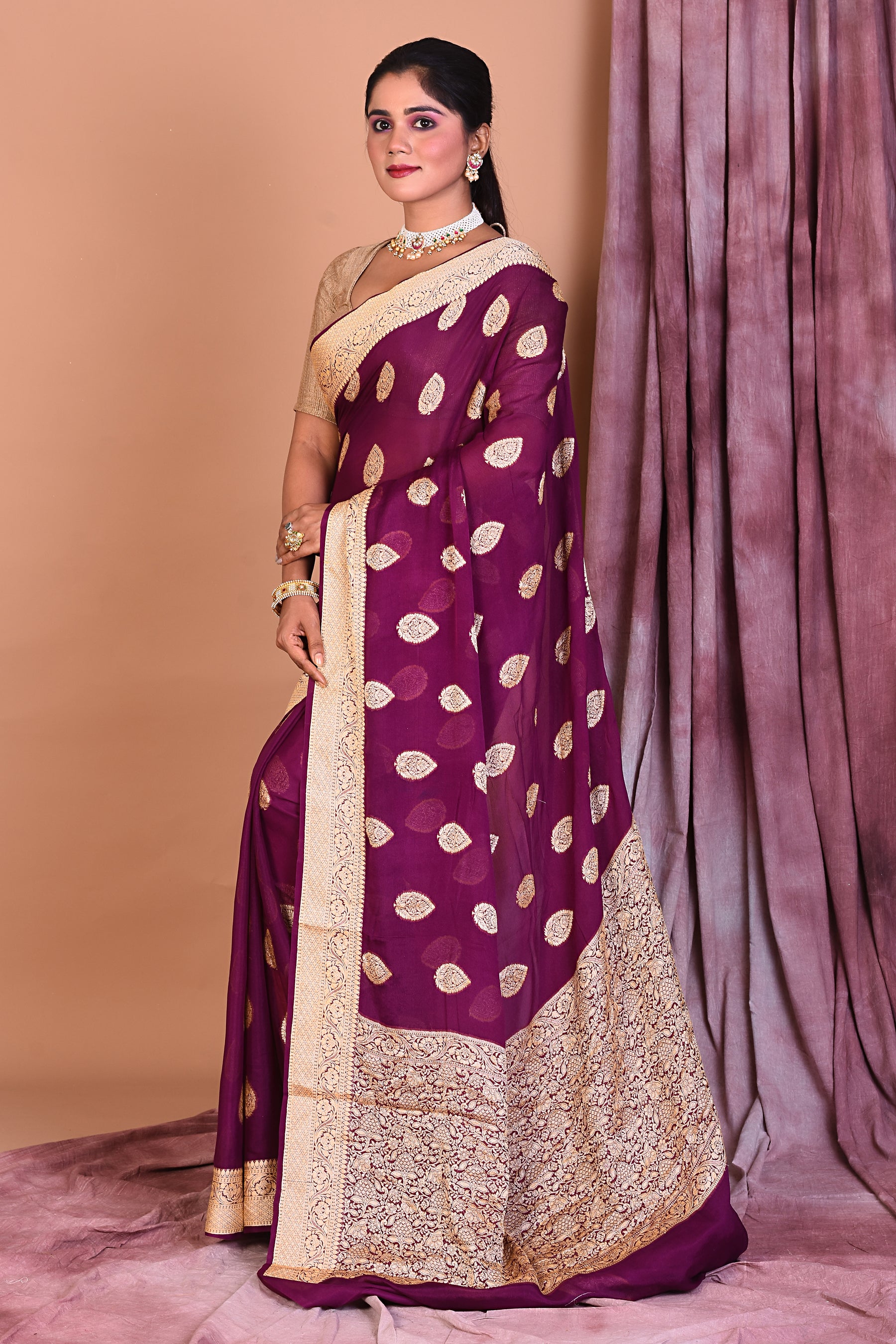 Designer Purple Khaddi Georgette Saree with Golden Borders - Keya Seth Exclusive