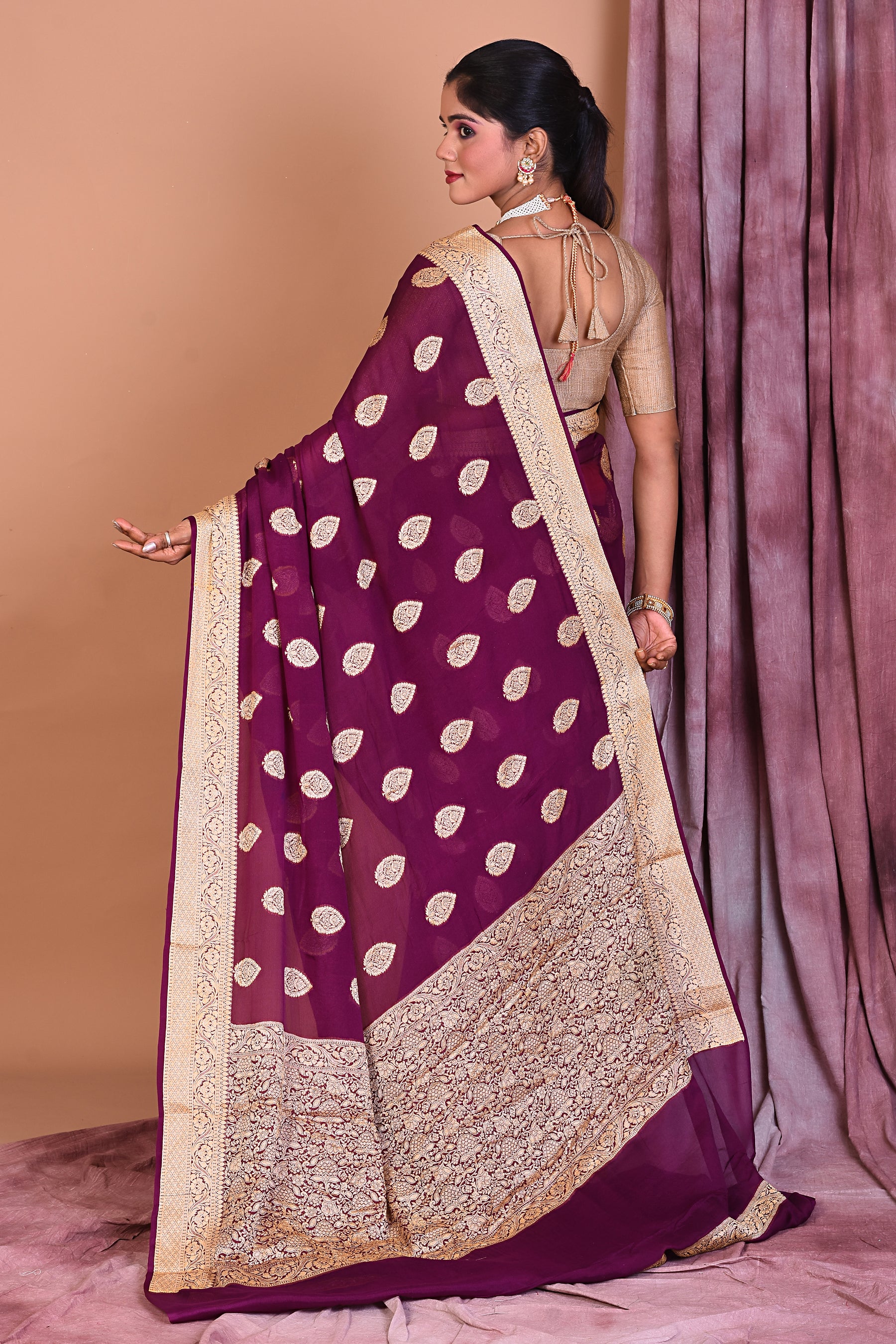 Designer Purple Khaddi Georgette Saree with Golden Borders - Keya Seth Exclusive