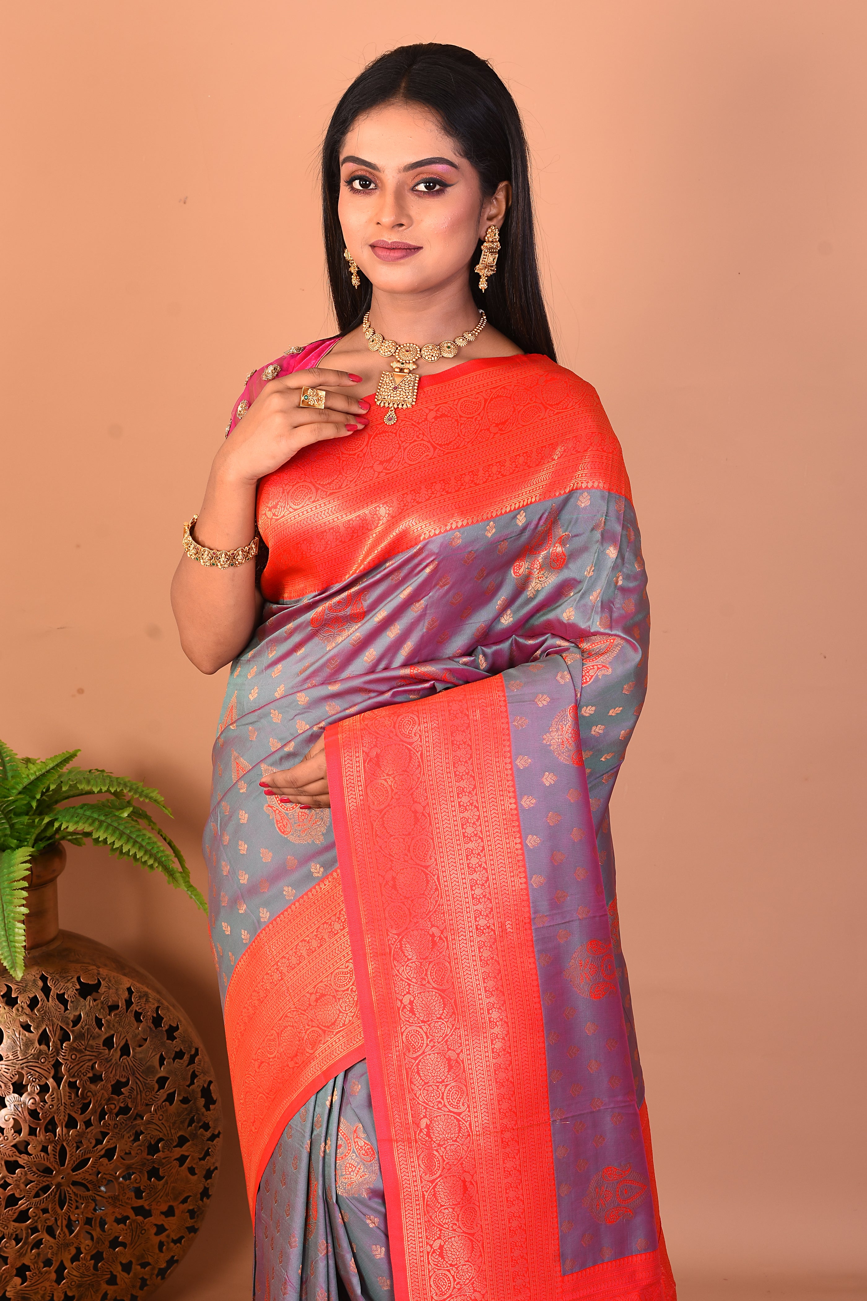 Dual Tone Grey Blended Katan Silk Saree - Keya Seth Exclusive