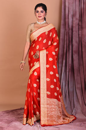 Designer Red Khaddi Georgette Saree with Golden Borders - Keya Seth Exclusive