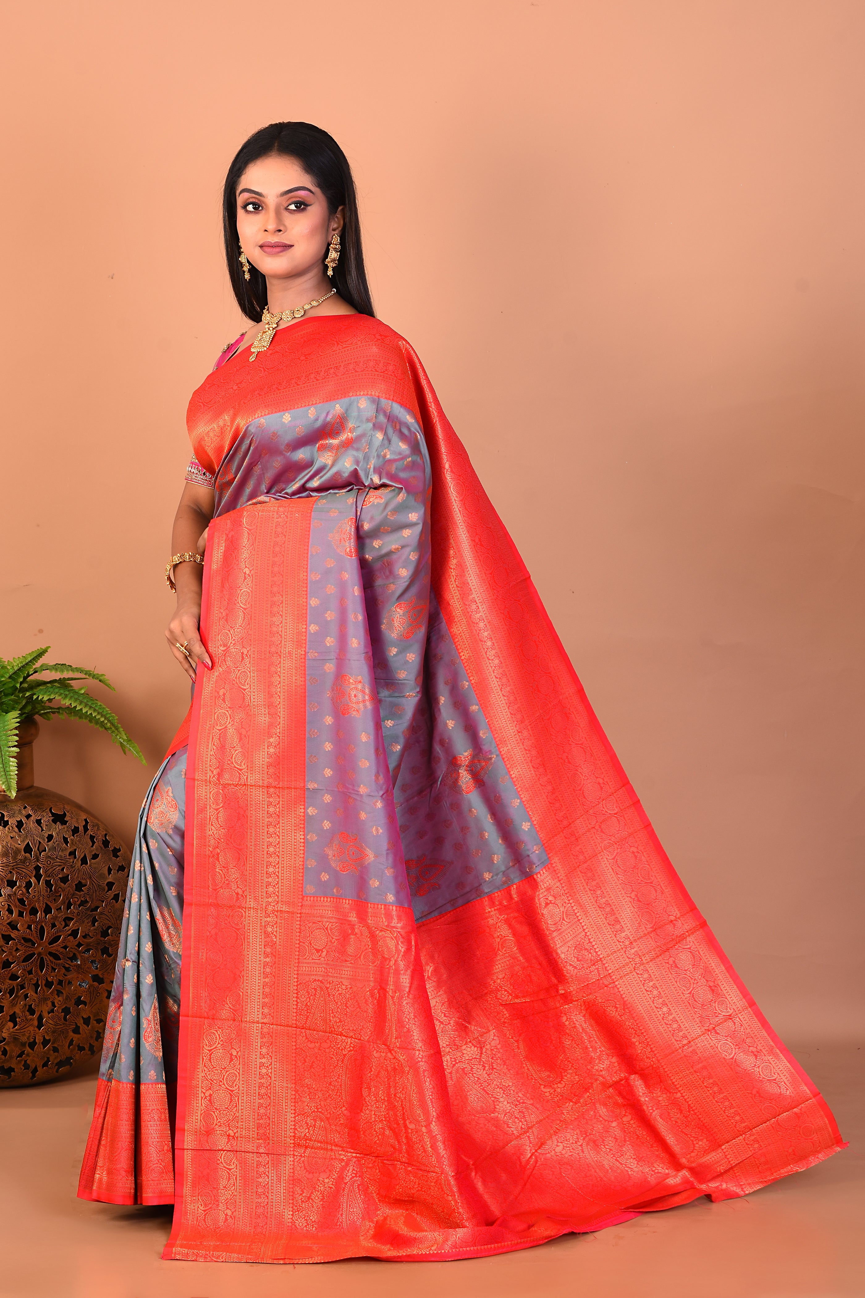 Dual Tone Grey Blended Katan Silk Saree - Keya Seth Exclusive