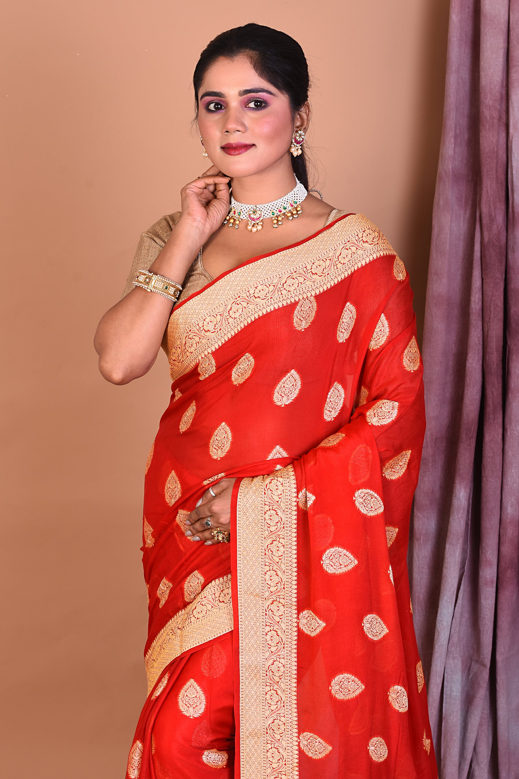 Designer Red Khaddi Georgette Saree with Golden Borders - Keya Seth Exclusive