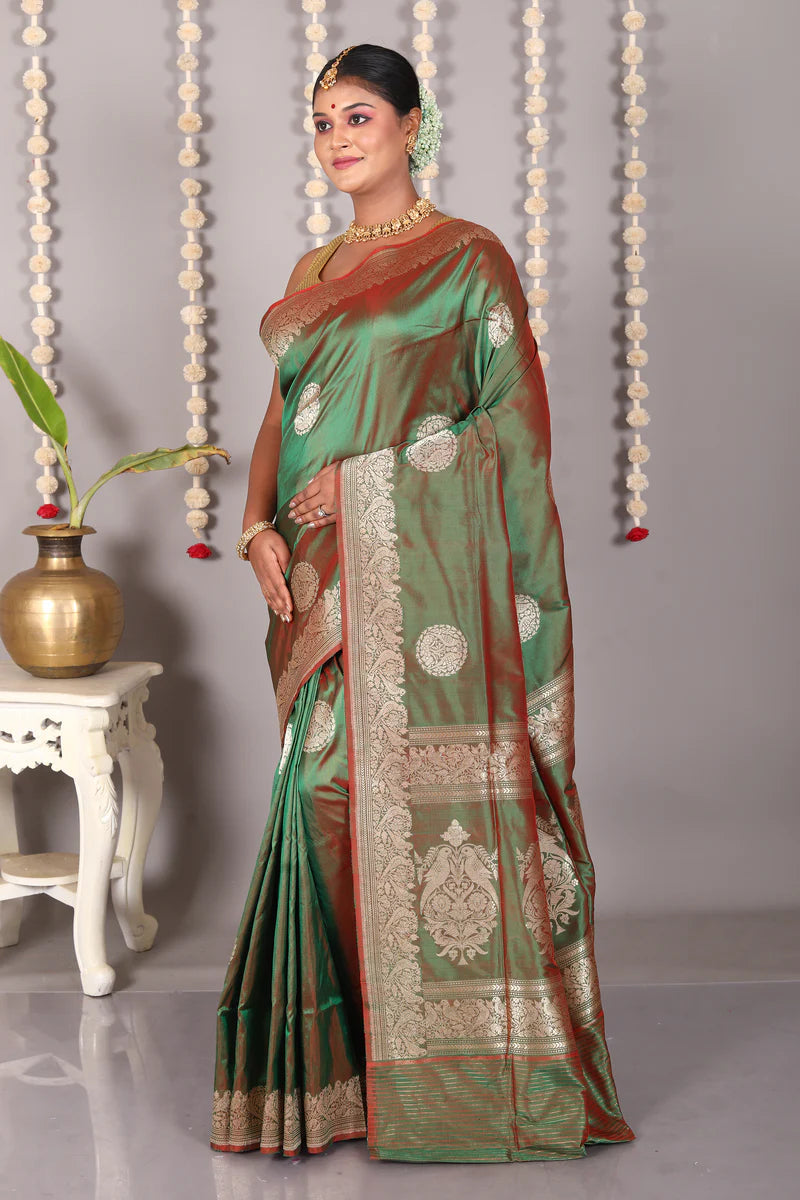 Dual Tone Green Pure Katan Silk Saree - Keya Seth Exclusive