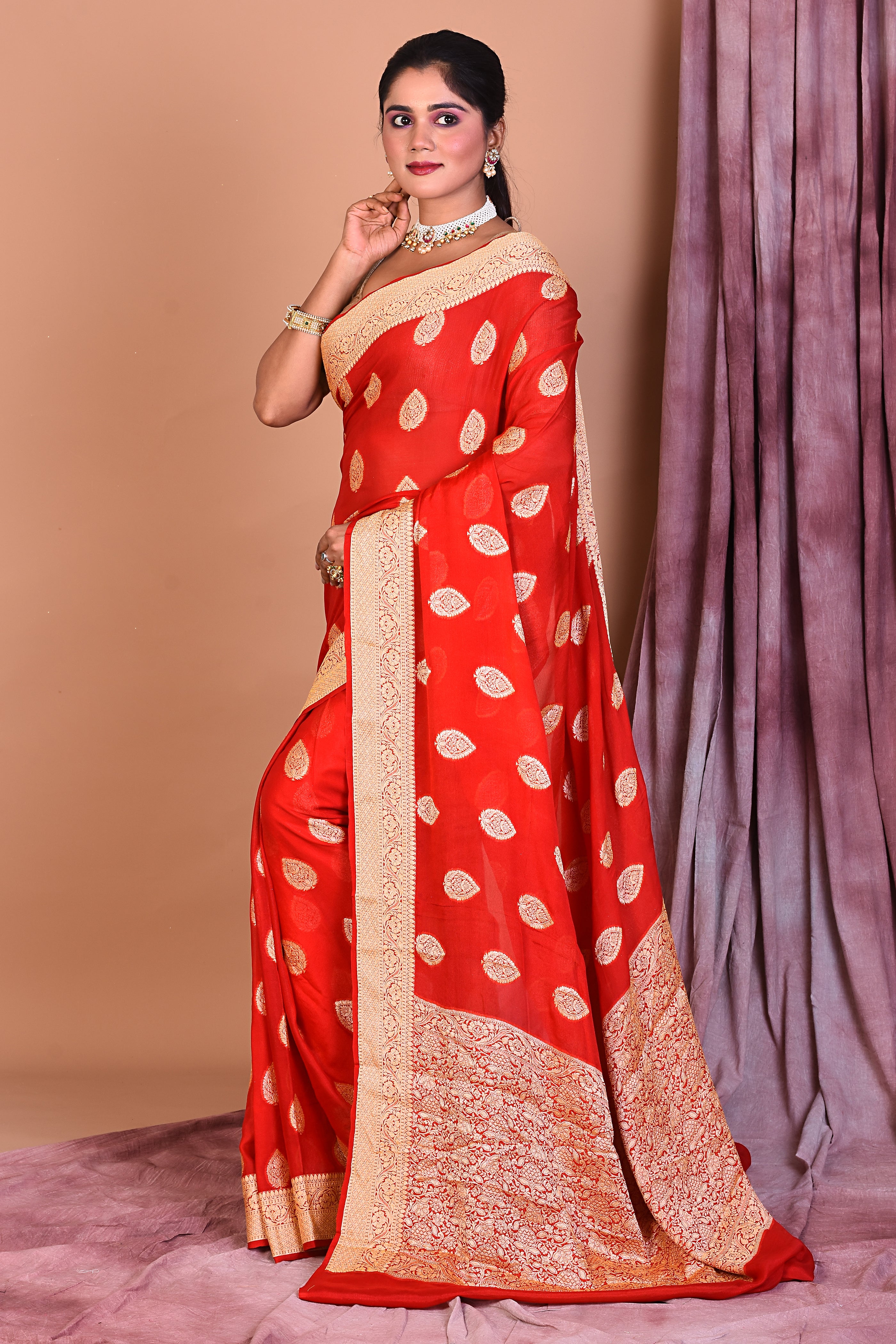 Designer Red Khaddi Georgette Saree with Golden Borders - Keya Seth Exclusive