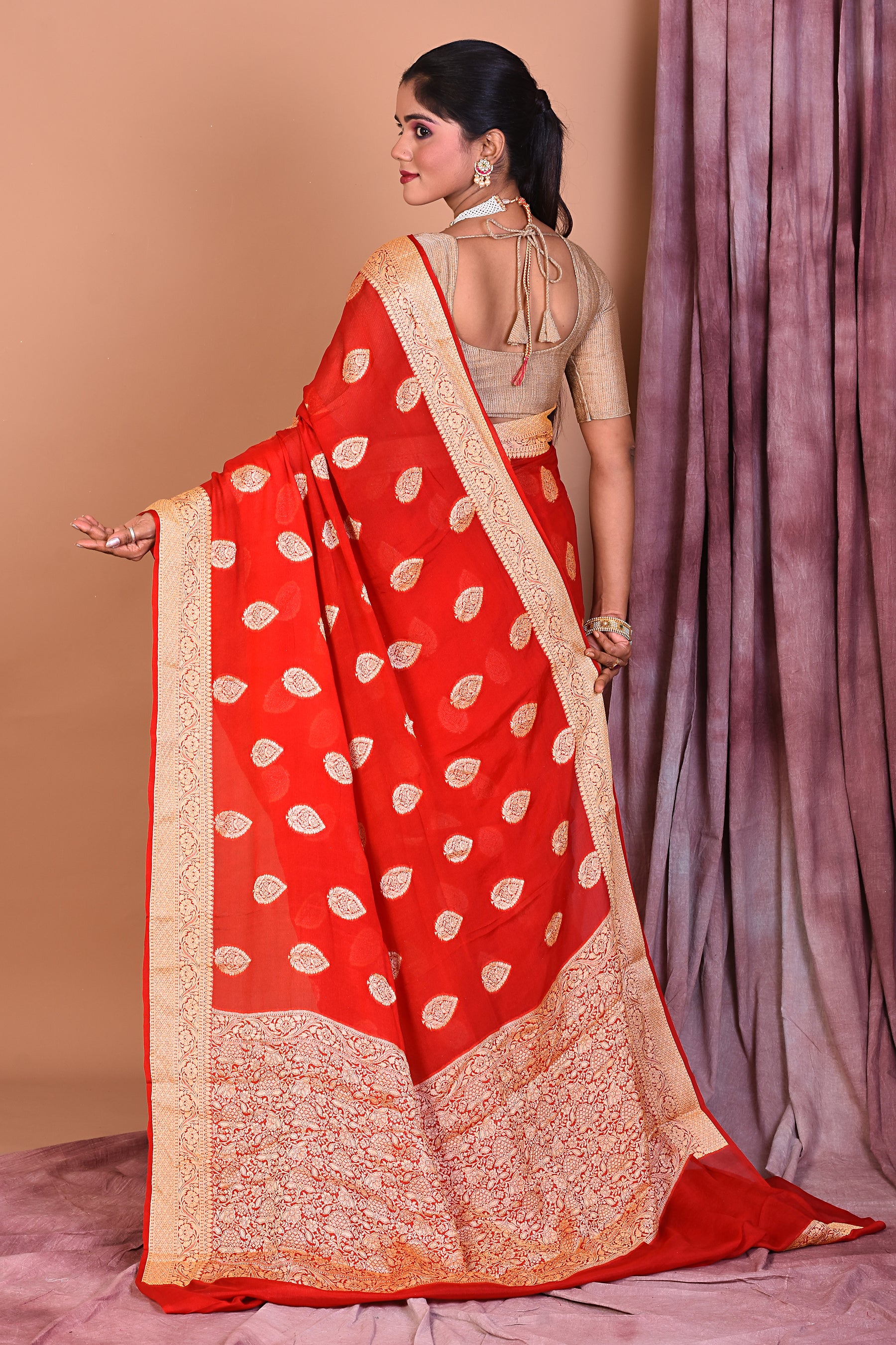 Designer Red Khaddi Georgette Saree with Golden Borders - Keya Seth Exclusive