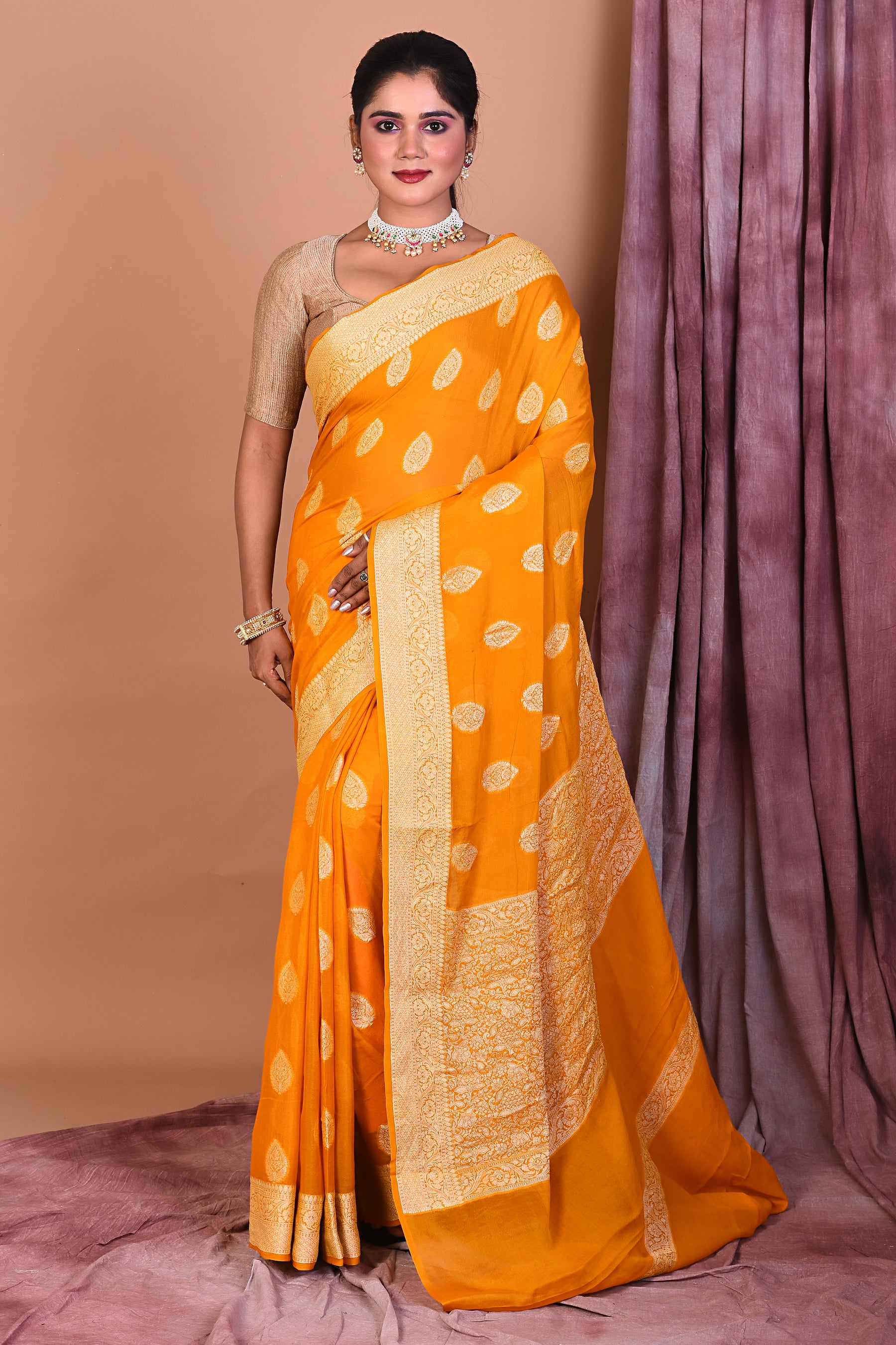 Designer Yellow Khaddi Georgette Saree with Golden Borders - Keya Seth Exclusive