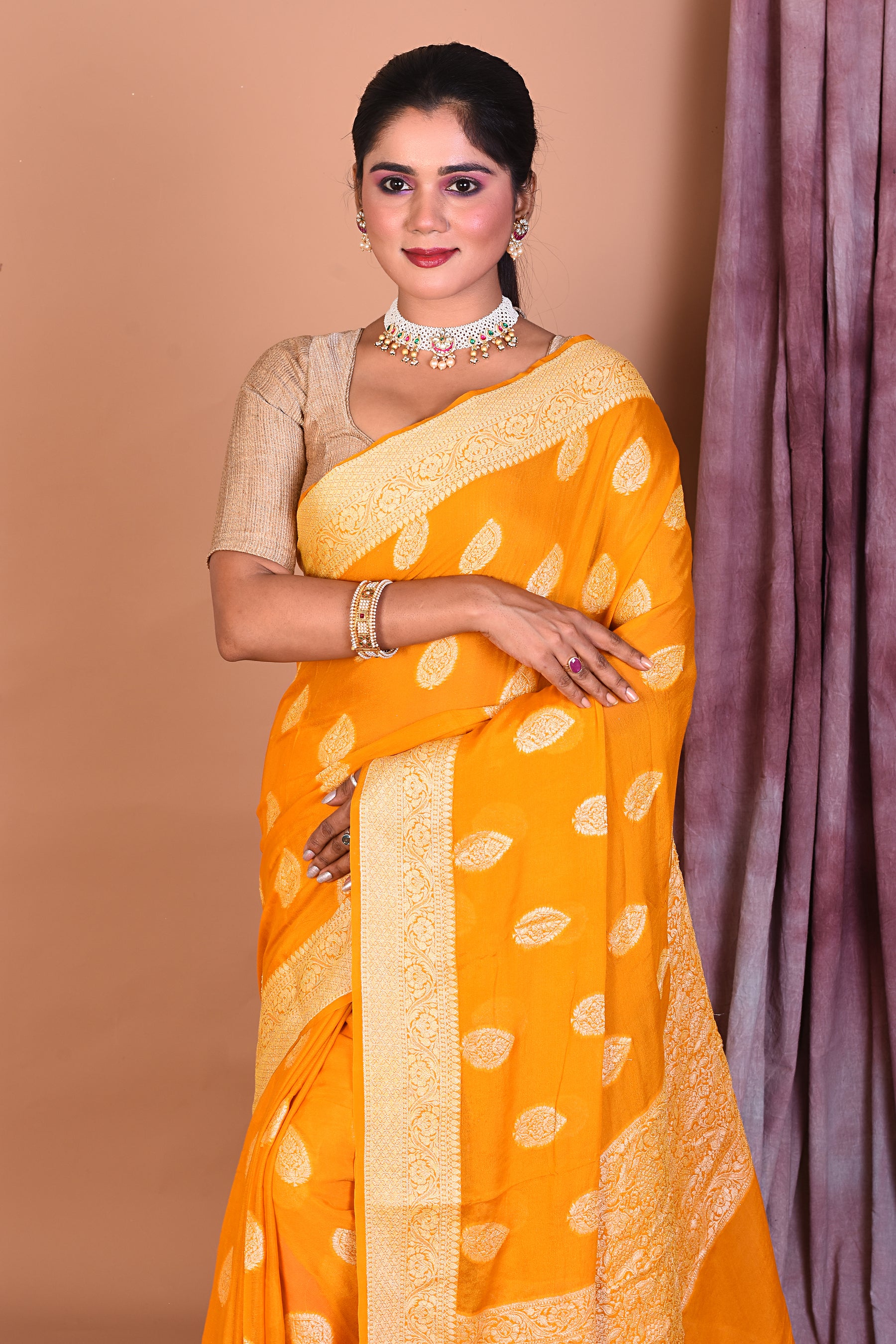 Designer Yellow Khaddi Georgette Saree with Golden Borders - Keya Seth Exclusive