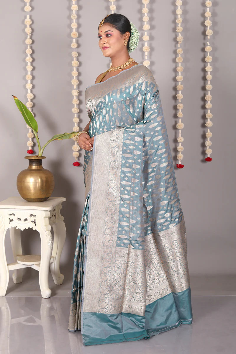 Light Blue Pure Katan Saree - Keya Seth Exclusive