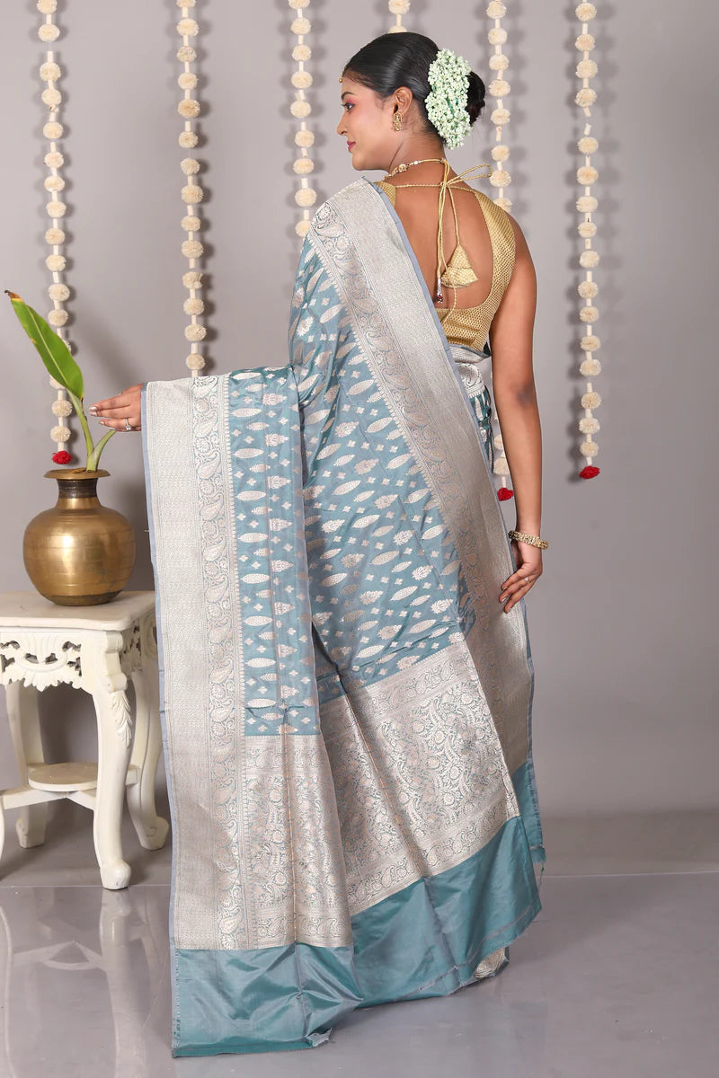 Light Blue Pure Katan Saree - Keya Seth Exclusive