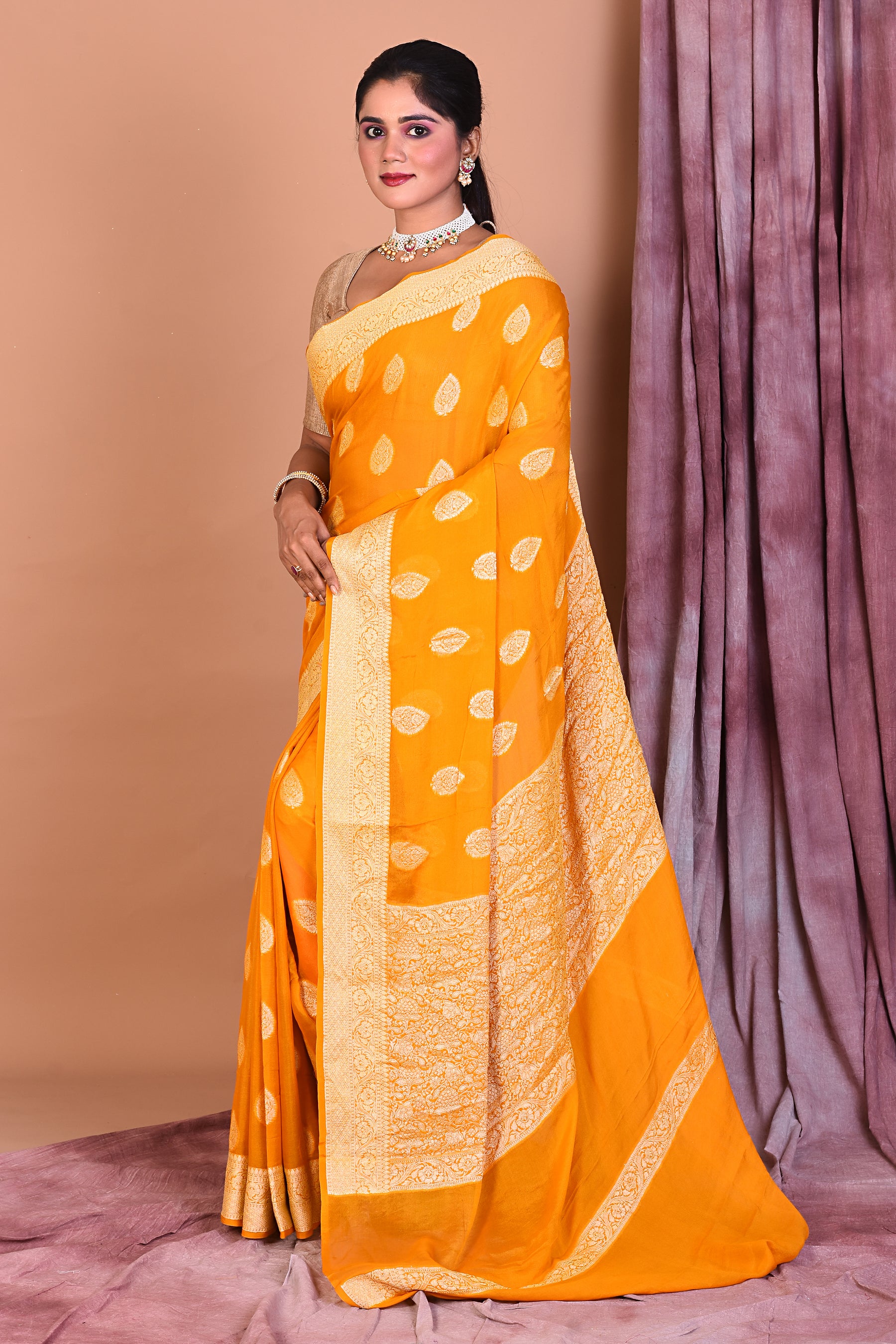 Designer Yellow Khaddi Georgette Saree with Golden Borders - Keya Seth Exclusive