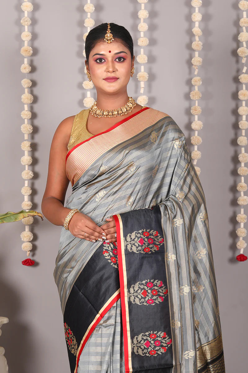 Grey Striped Pure Katan Silk Saree - Keya Seth Exclusive