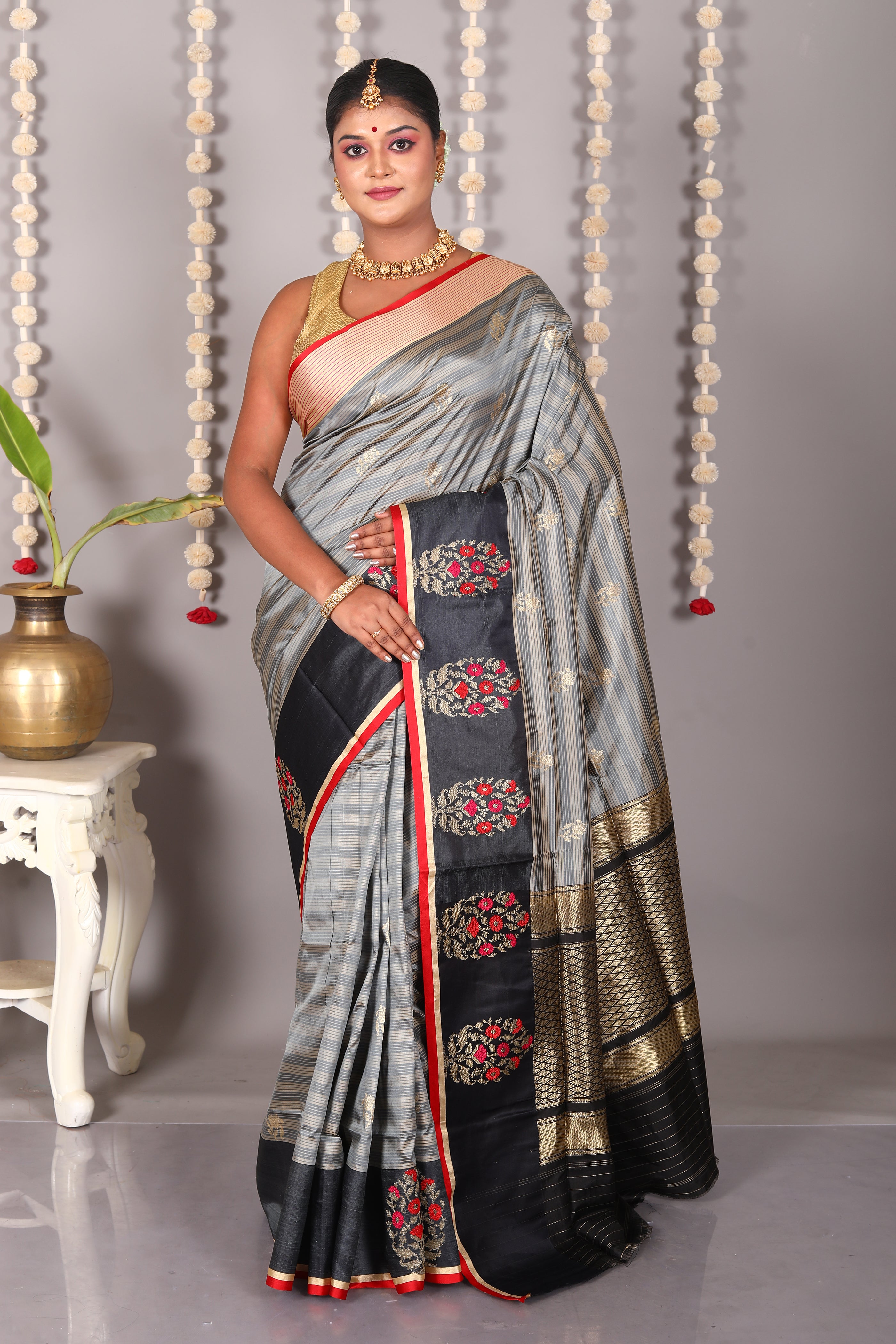 Grey Striped Pure Katan Silk Saree - Keya Seth Exclusive