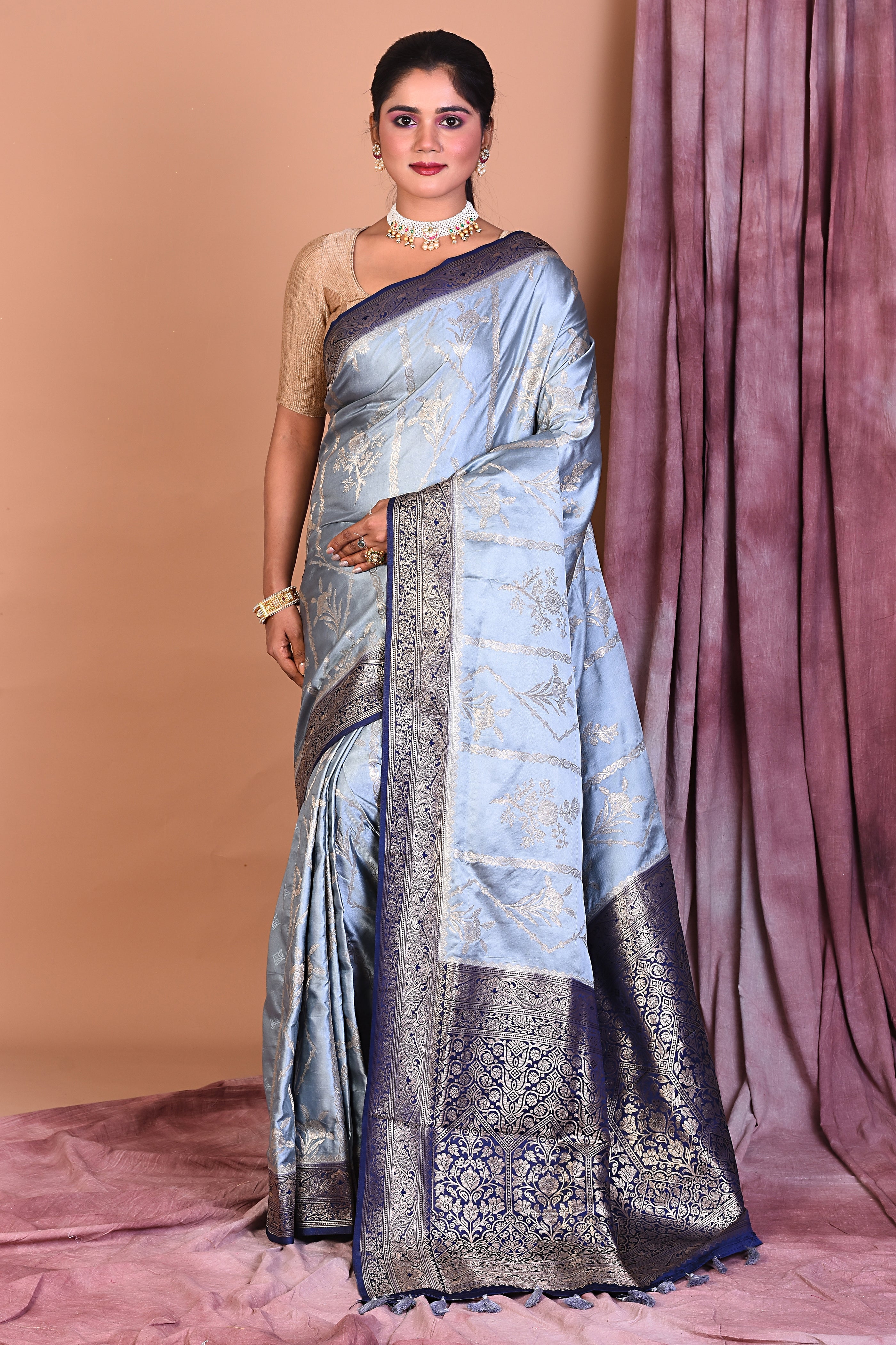 Grey Satin Silk Saree with Golden Borders - Keya Seth Exclusive