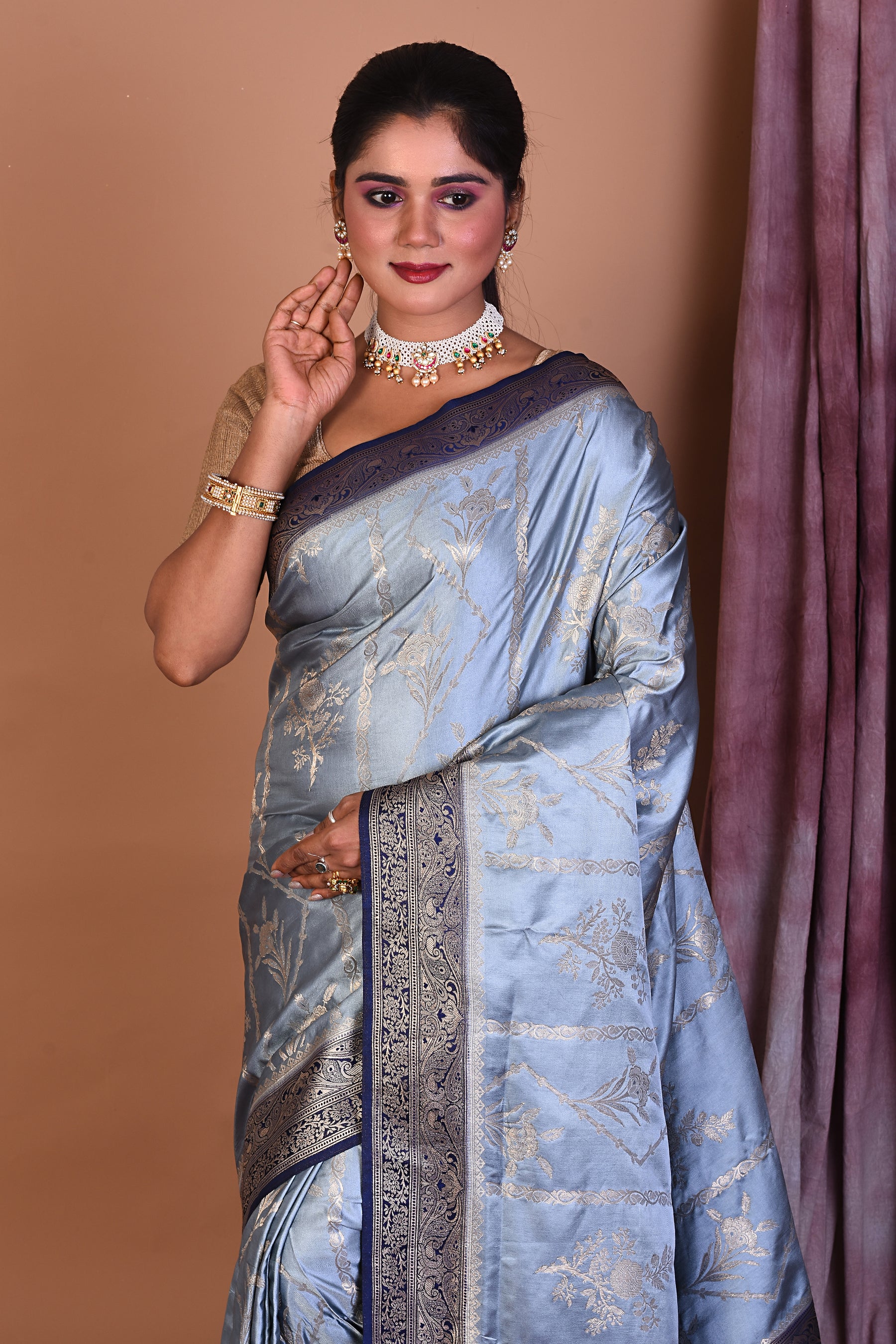 Grey Satin Silk Saree with Golden Borders - Keya Seth Exclusive