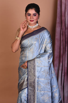 Grey Satin Silk Saree with Golden Borders - Keya Seth Exclusive