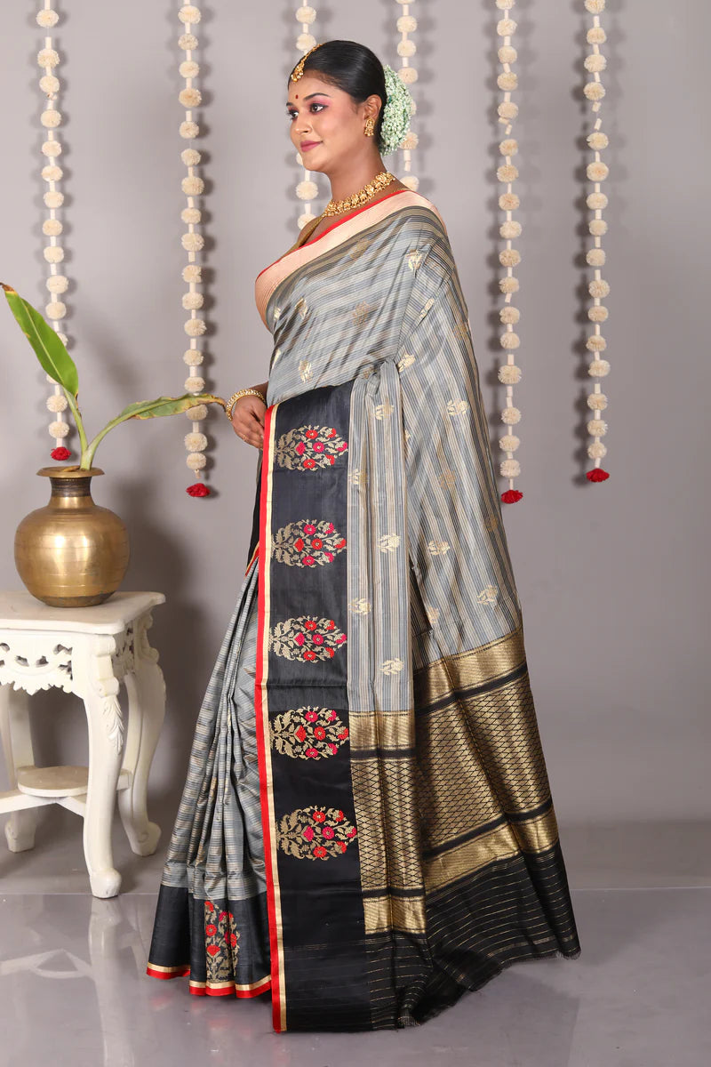 Grey Striped Pure Katan Silk Saree - Keya Seth Exclusive