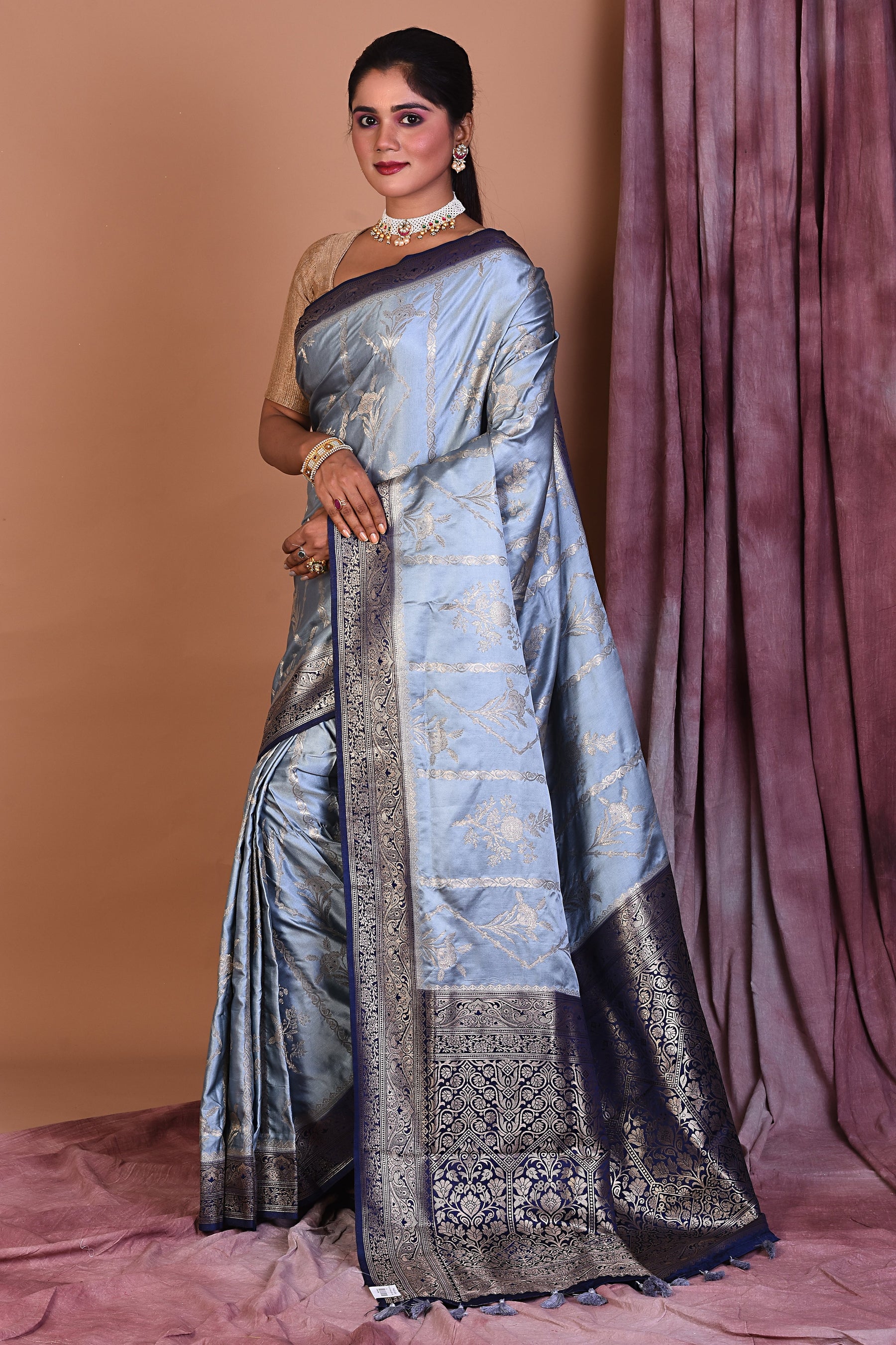 Grey Satin Silk Saree with Golden Borders - Keya Seth Exclusive