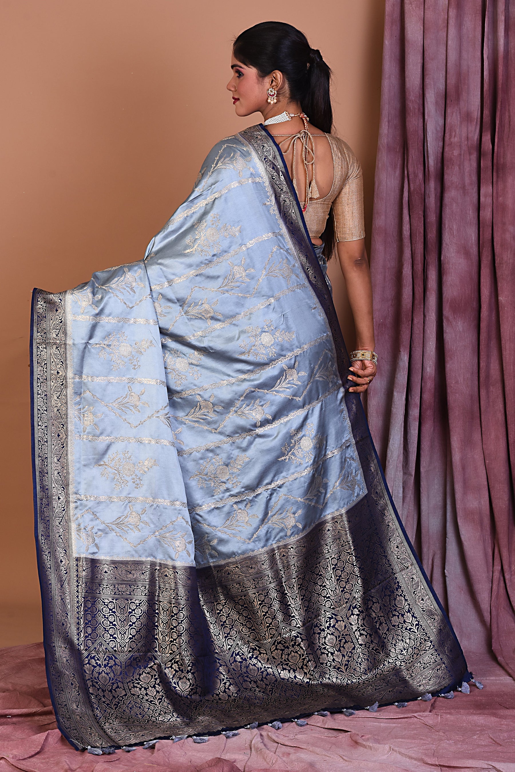 Grey Satin Silk Saree with Golden Borders - Keya Seth Exclusive