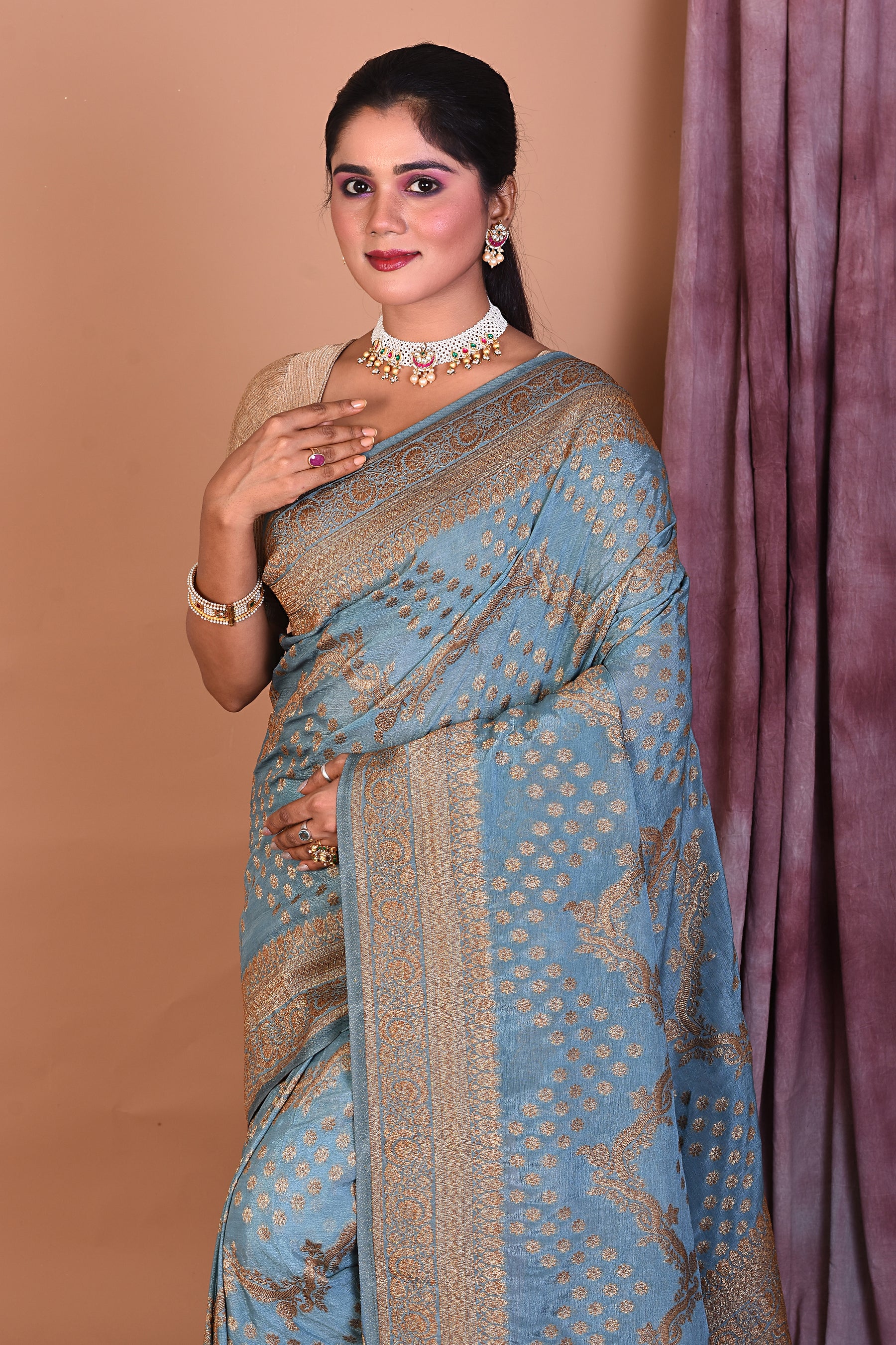 Designer Grey Khaddi Saree with Golden Borders - Keya Seth Exclusive