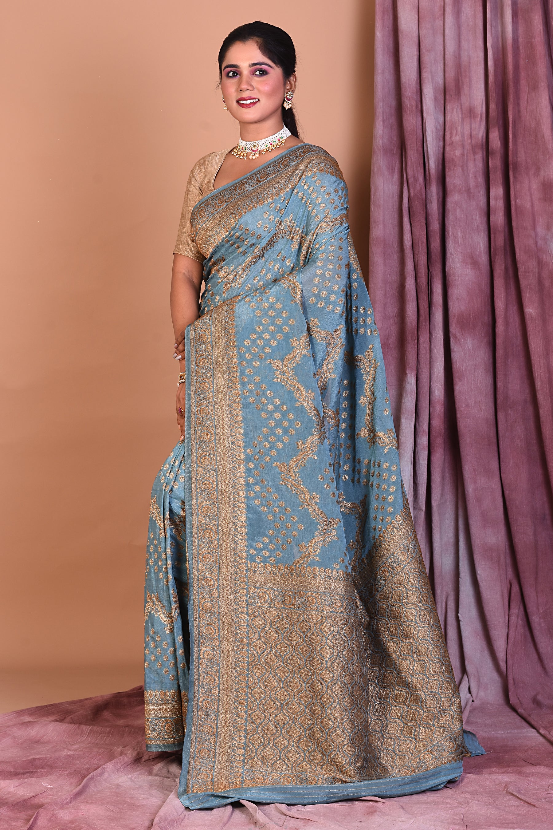 Designer Grey Khaddi Saree with Golden Borders - Keya Seth Exclusive