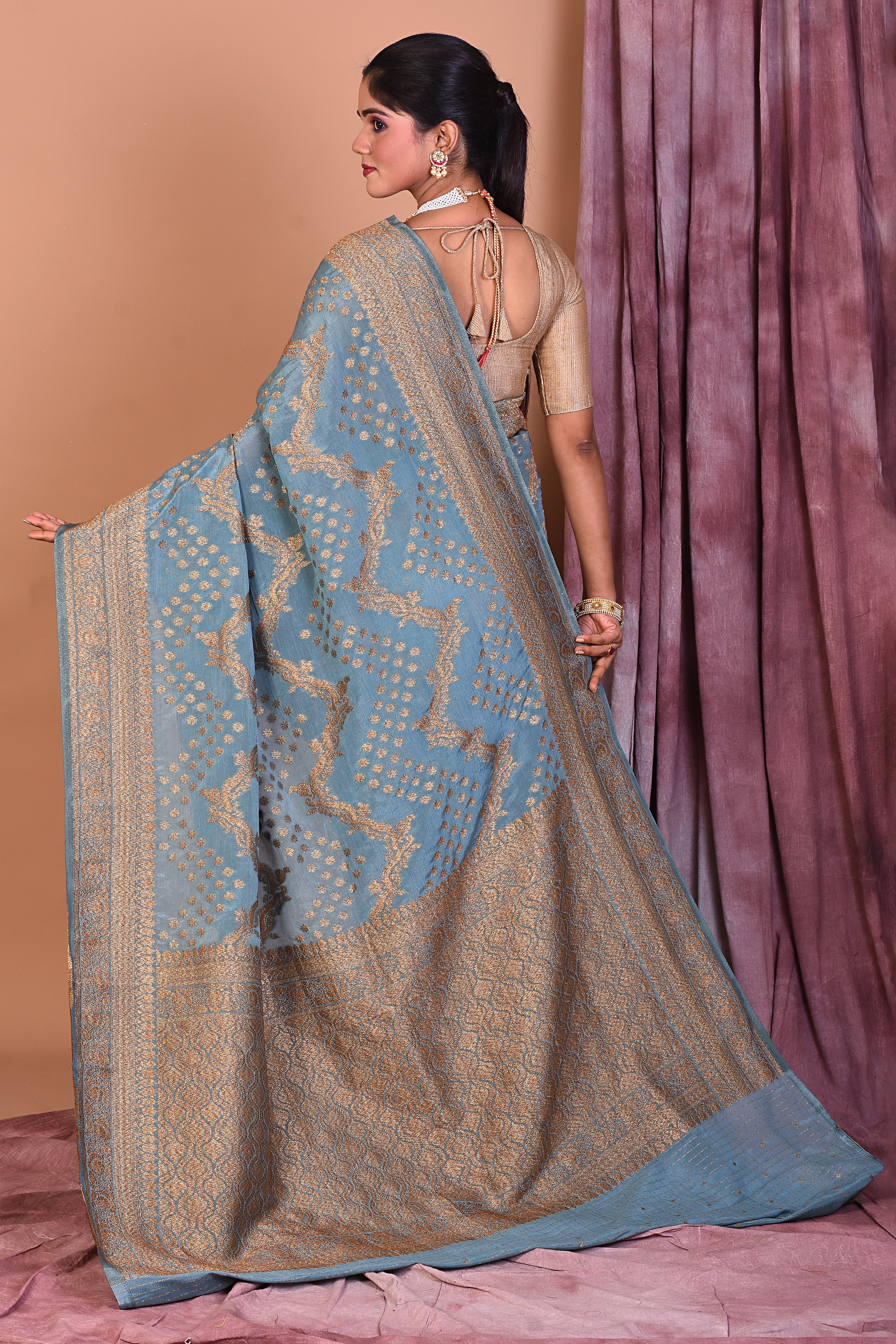 Designer Grey Khaddi Saree with Golden Borders - Keya Seth Exclusive