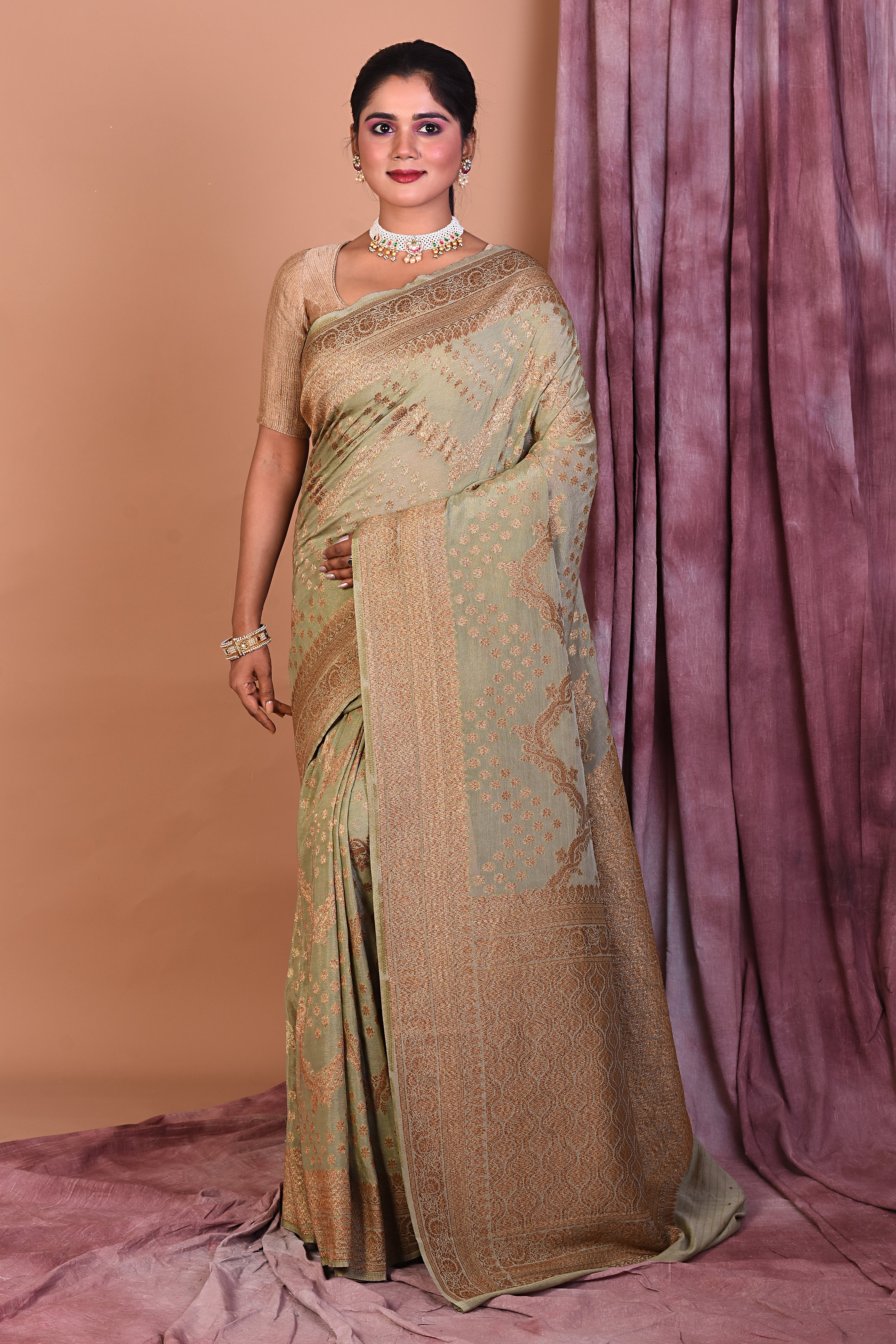 Designer Pastel Green Khaddi Saree with Golden Borders - Keya Seth Exclusive