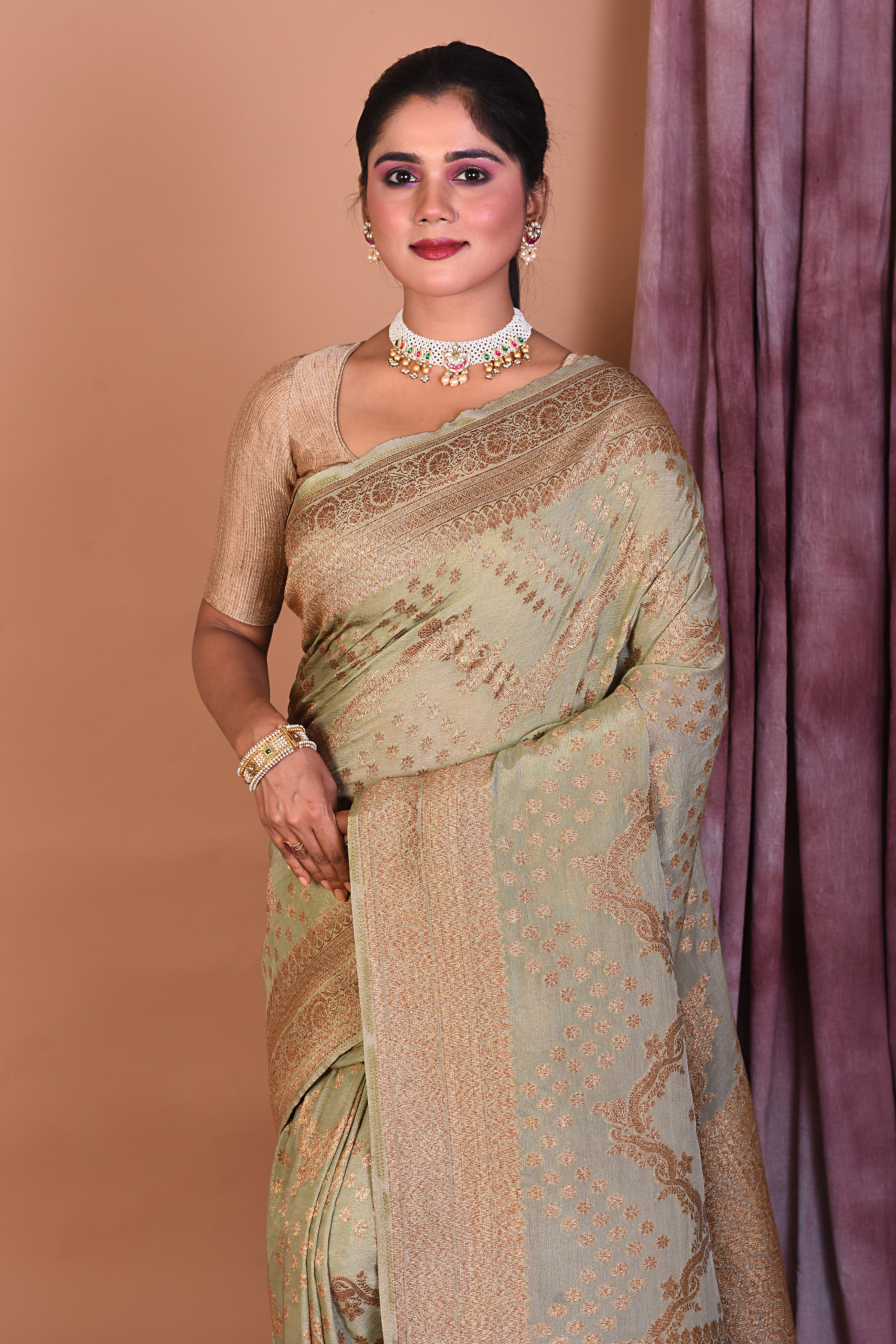 Designer Pastel Green Khaddi Saree with Golden Borders - Keya Seth Exclusive