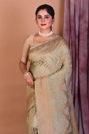 Designer Pastel Green Khaddi Saree with Golden Borders - Keya Seth Exclusive